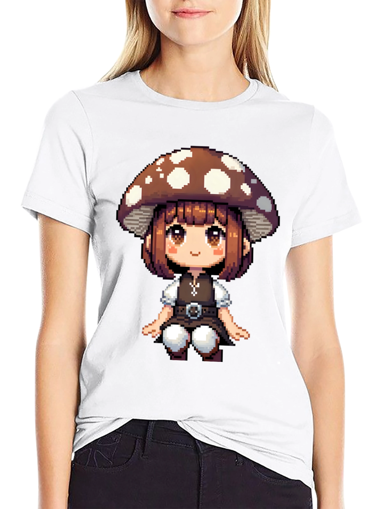 Mushroom Girl Pixel Art T-Shirt - Black Cotton Tee