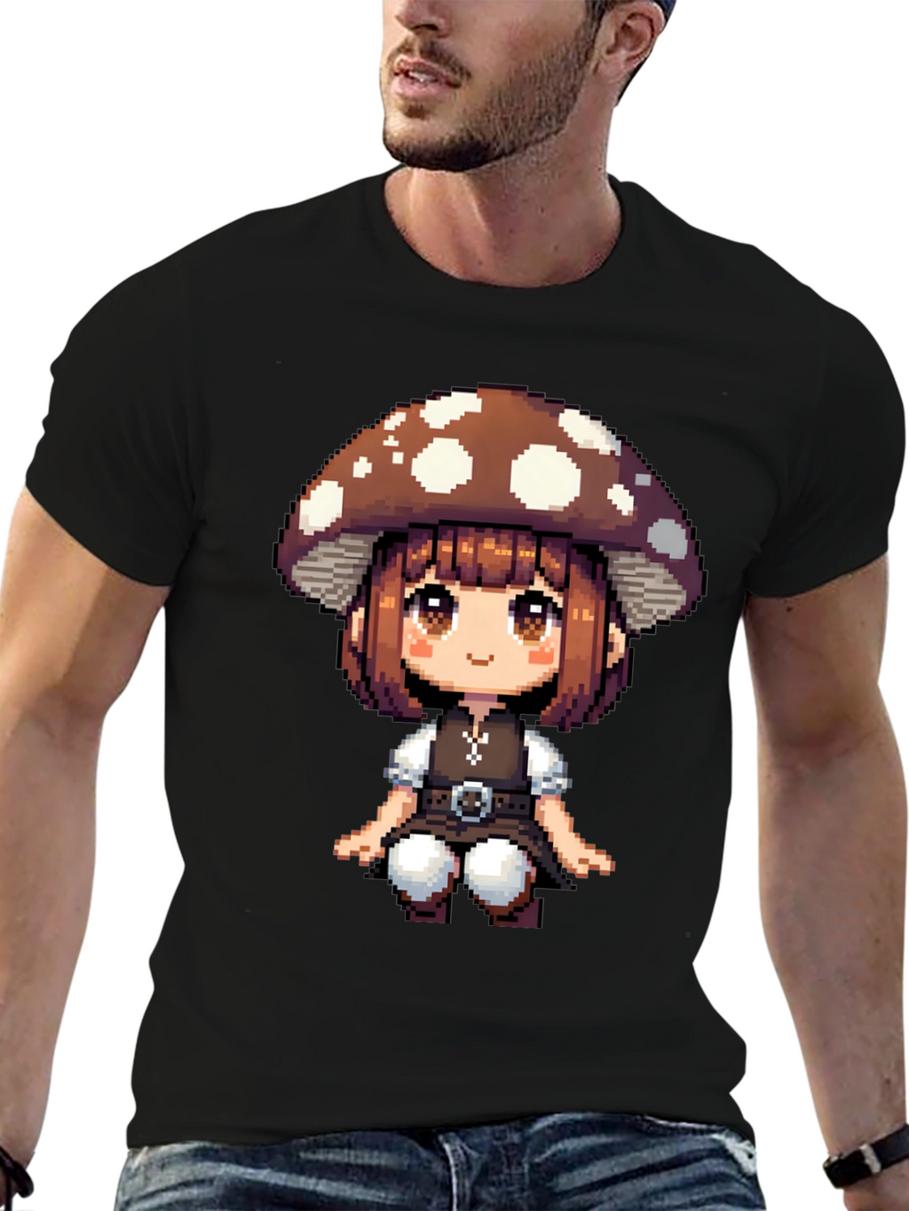 Mushroom Girl Pixel Art T-Shirt - Black Cotton Tee