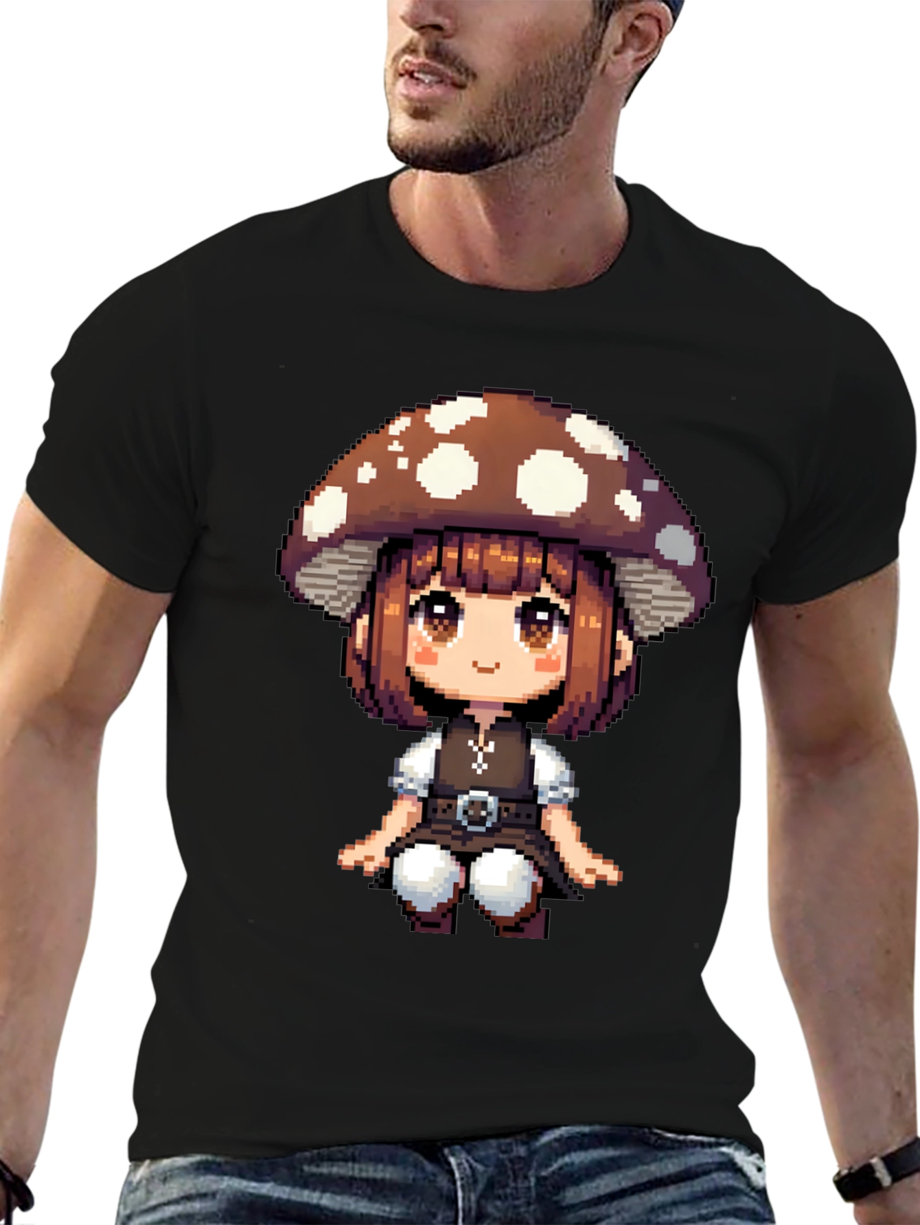 Mushroom Girl Pixel Art T-Shirt - Black Cotton Tee