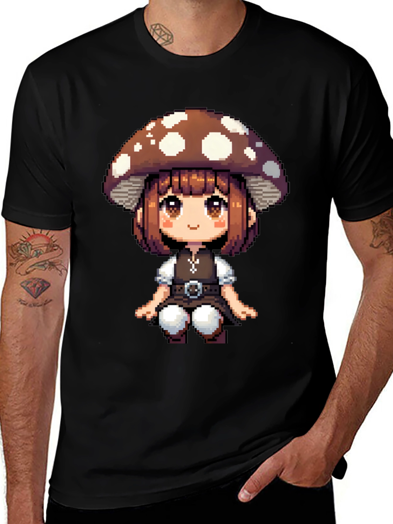 Mushroom Girl Pixel Art T-Shirt - Black Cotton Tee