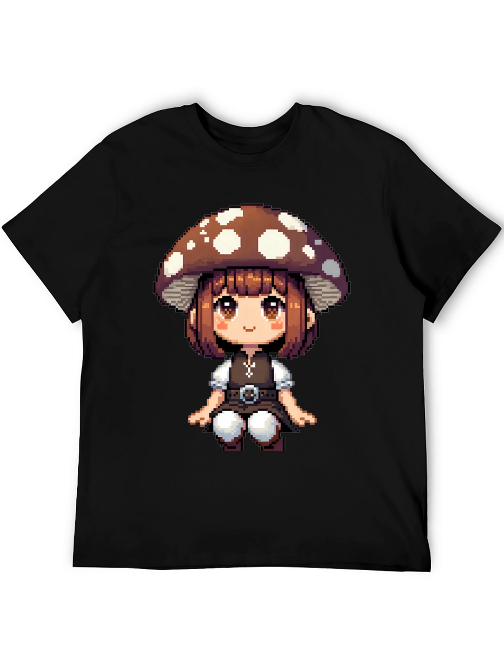 Mushroom Girl Pixel Art T-Shirt - Black Cotton Tee