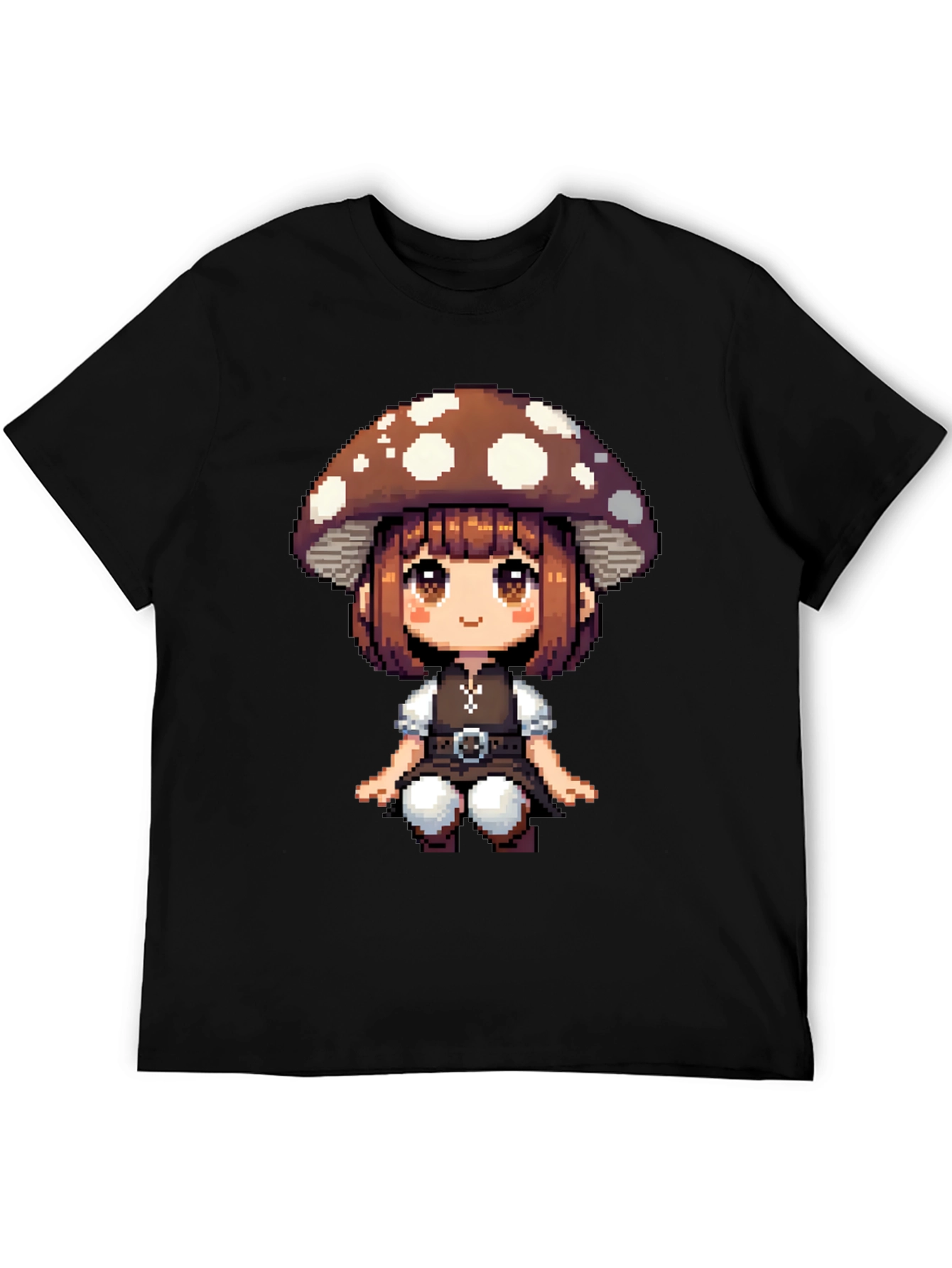 Mushroom Girl Pixel Art T-Shirt - Black Cotton Tee