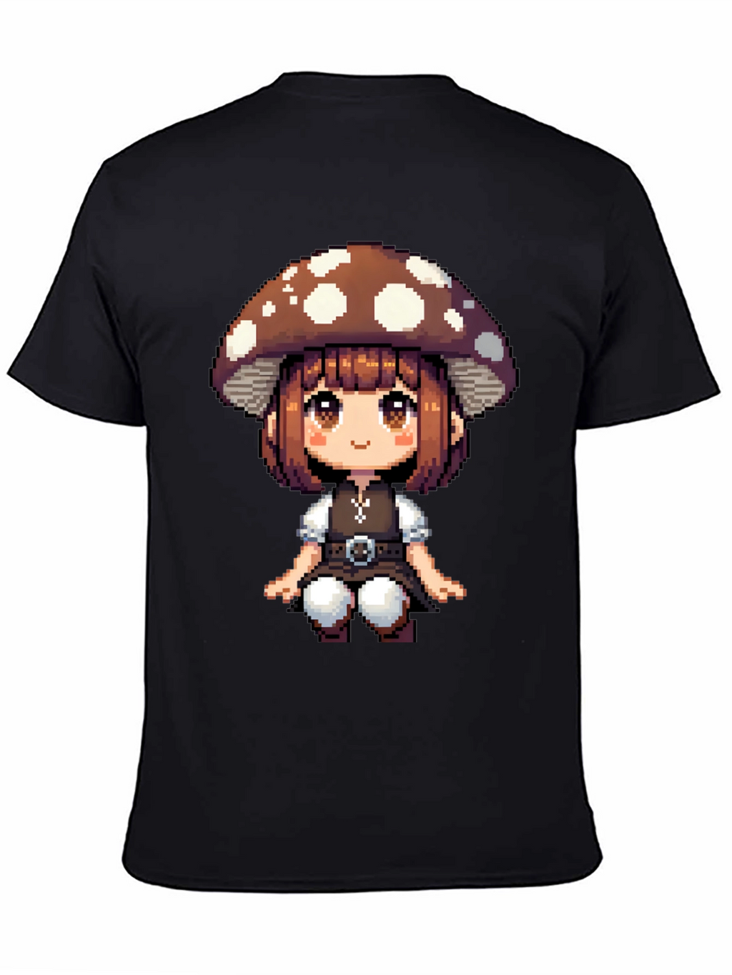 Mushroom Girl Pixel Art T-Shirt - Black Cotton Tee