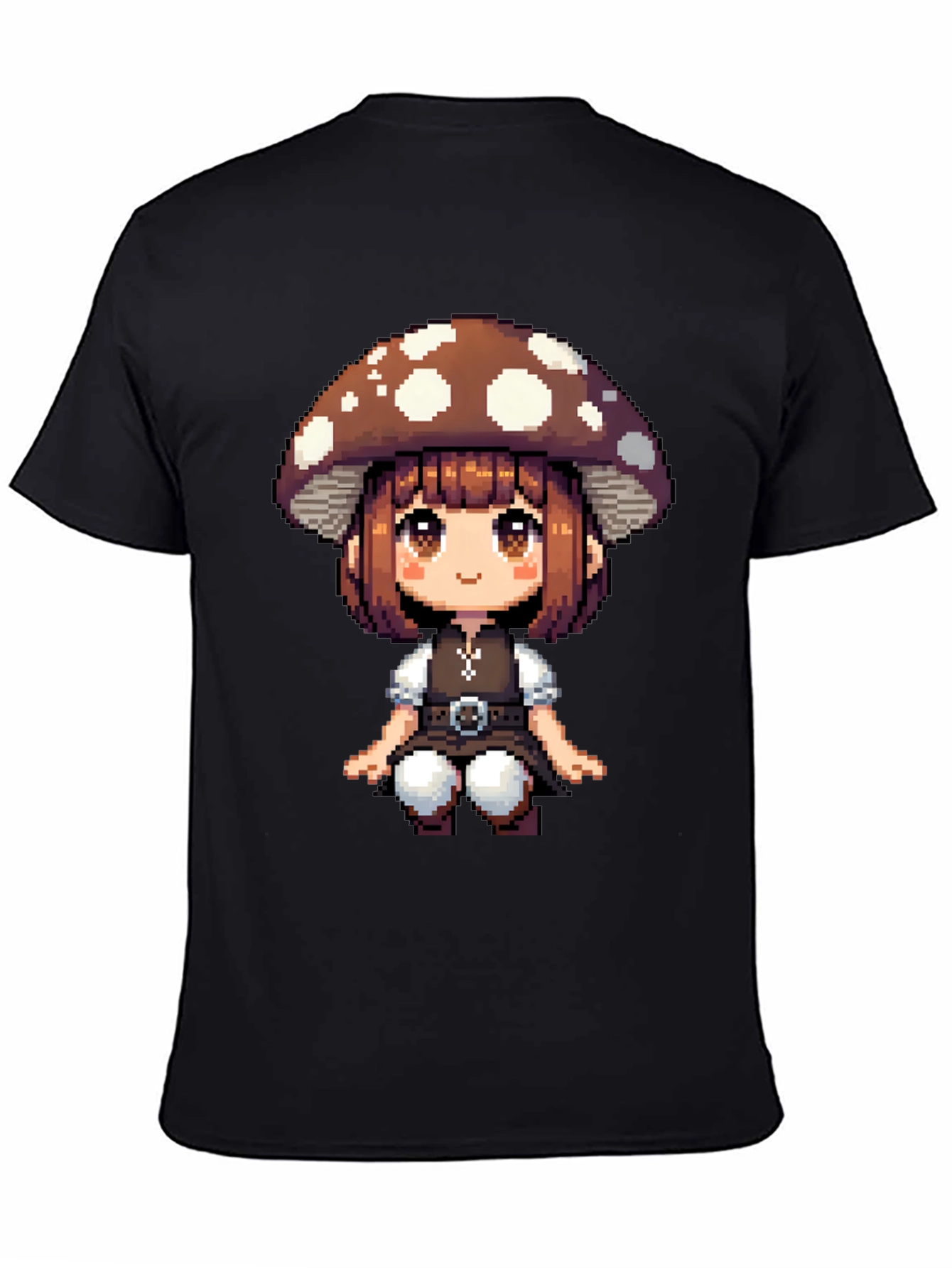 Mushroom Girl Pixel Art T-Shirt - Black Cotton Tee