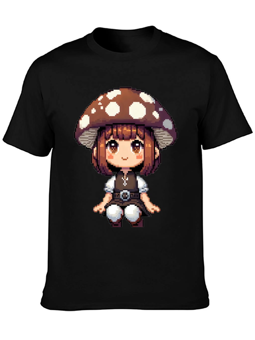 Mushroom Girl Pixel Art T-Shirt - Black Cotton Tee
