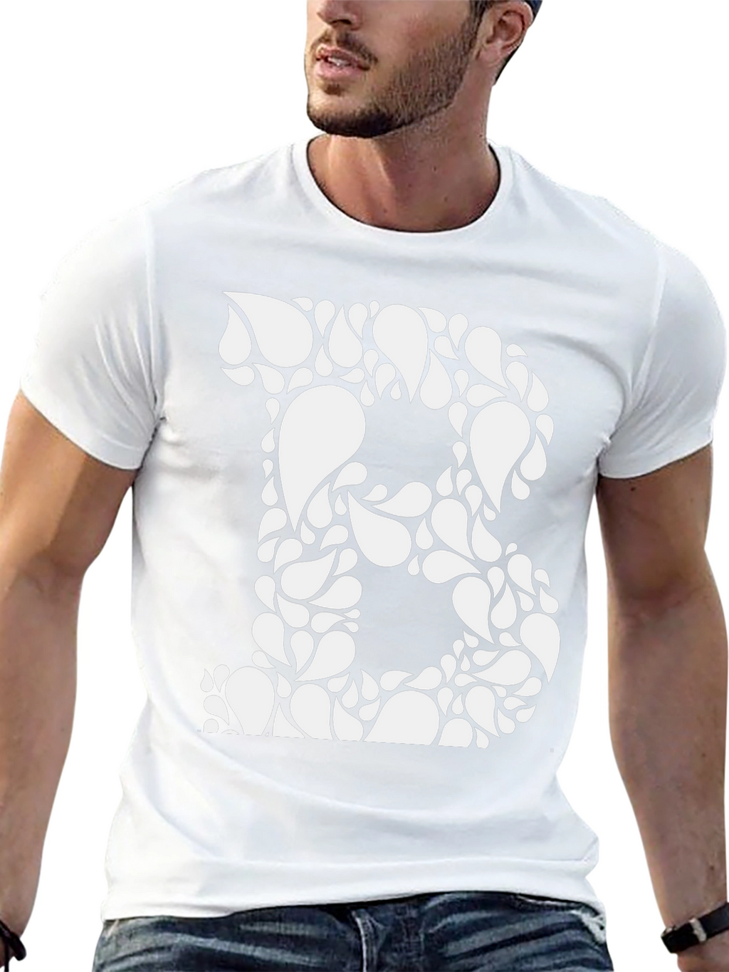 Black Tee with White Floral Letter B Design