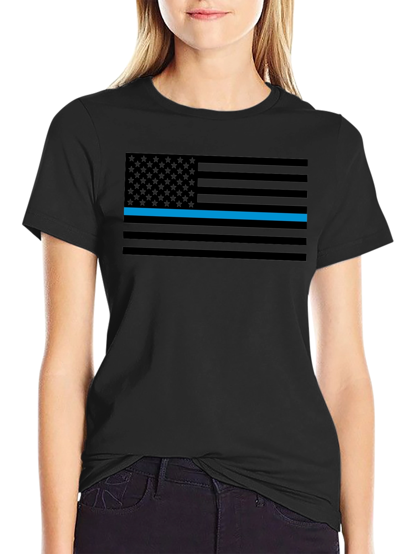 Thin Blue Line American Flag Graphic Tee - Black
