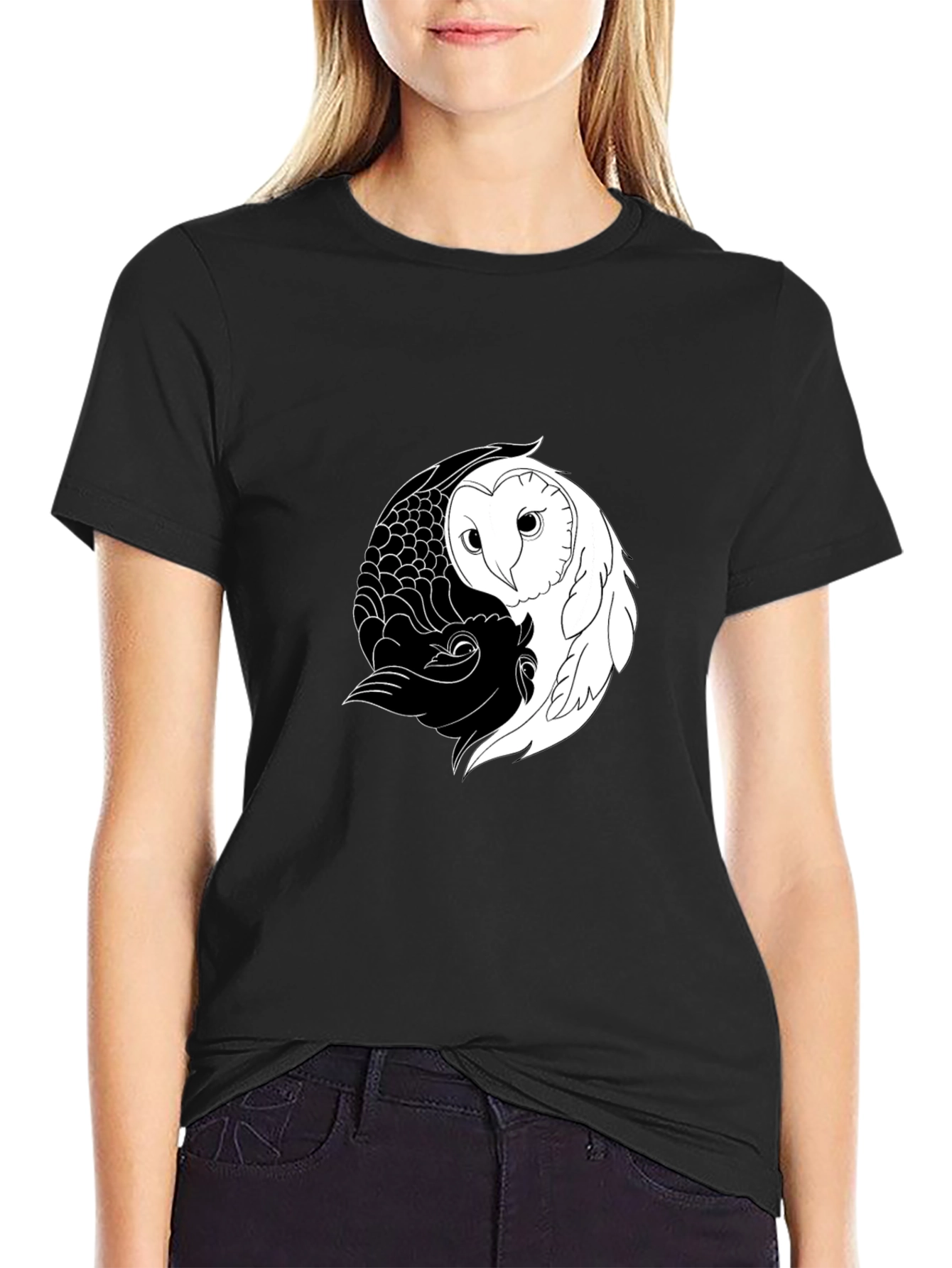 Yin Yang Owl Graphic Tee - Mens Black Cotton T-Shirt