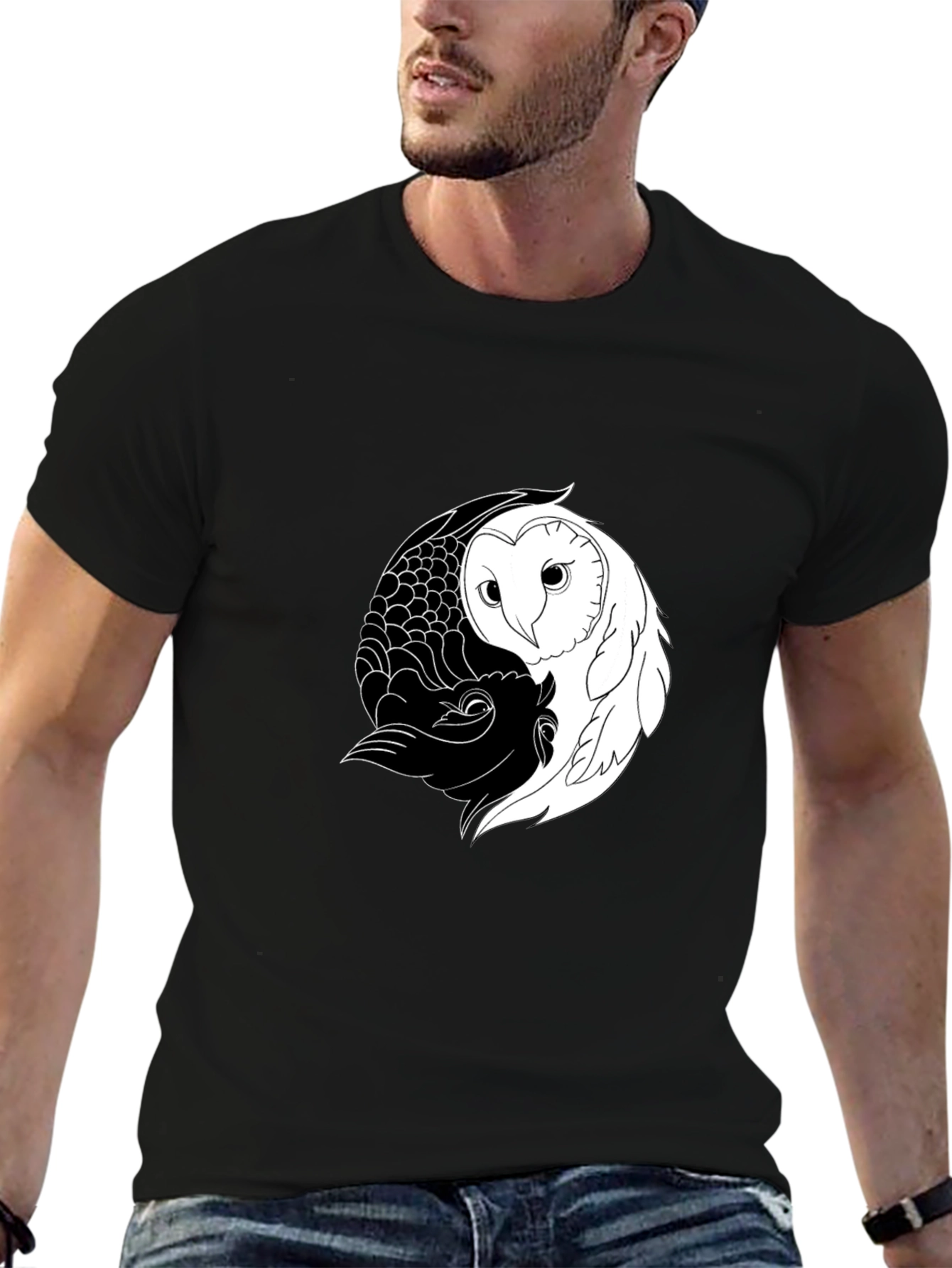 Yin Yang Owl Graphic Tee - Mens Black Cotton T-Shirt
