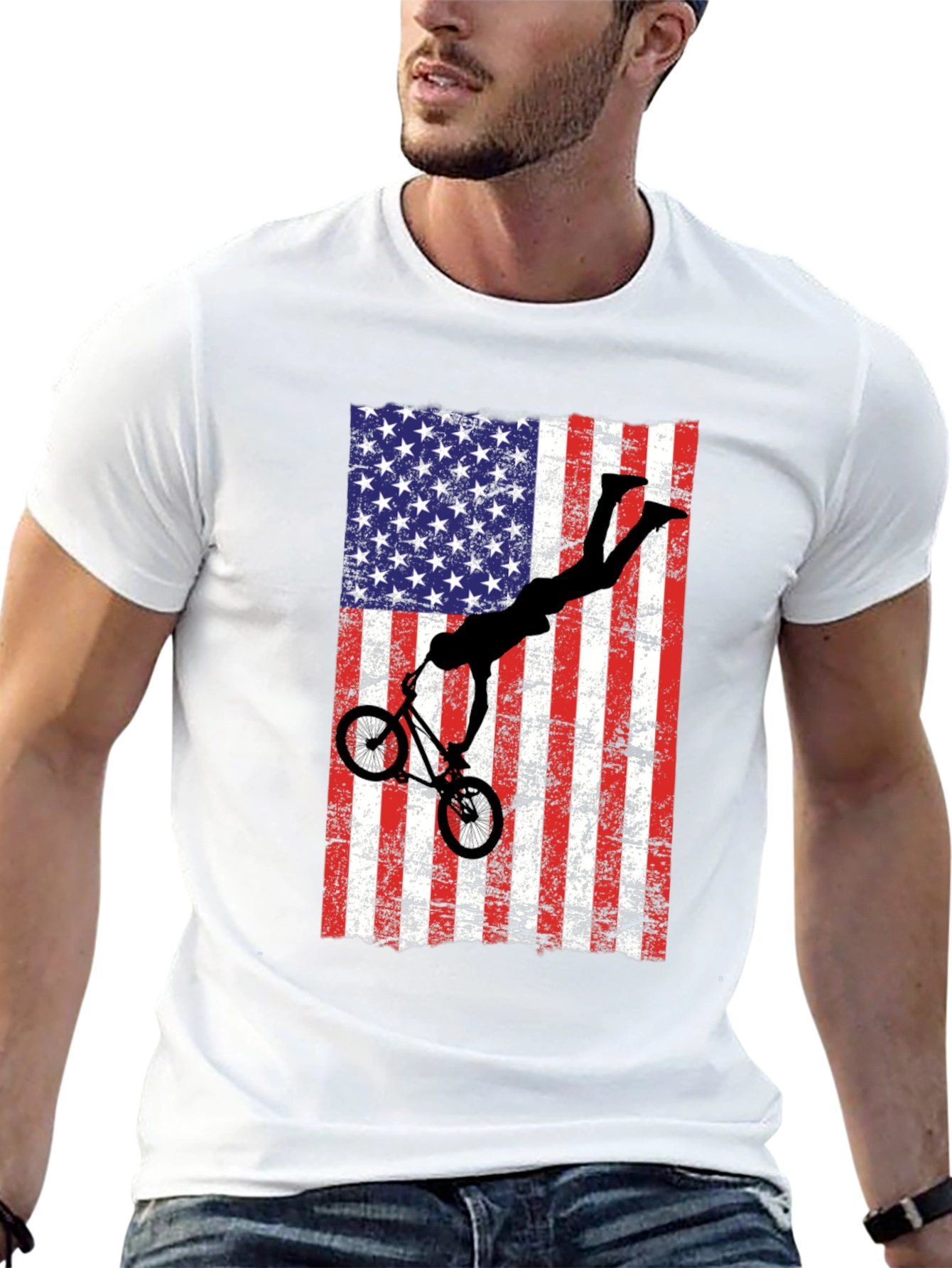 American Flag BMX T-Shirt - Patriotic Bike Rider