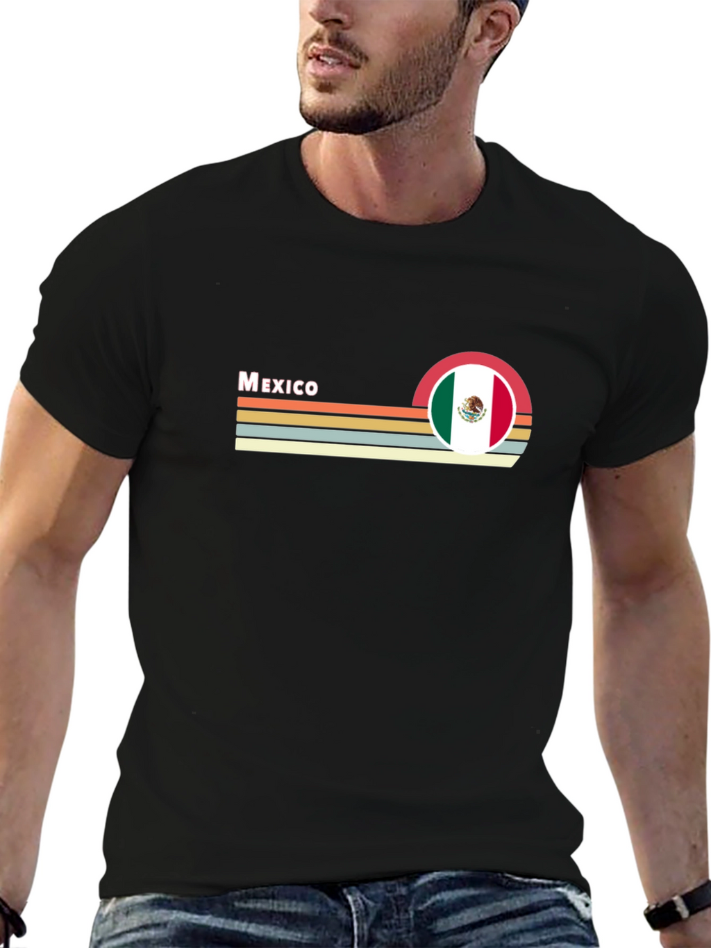 Mexico Flag Retro T-Shirt - Black Crew Neck Tee