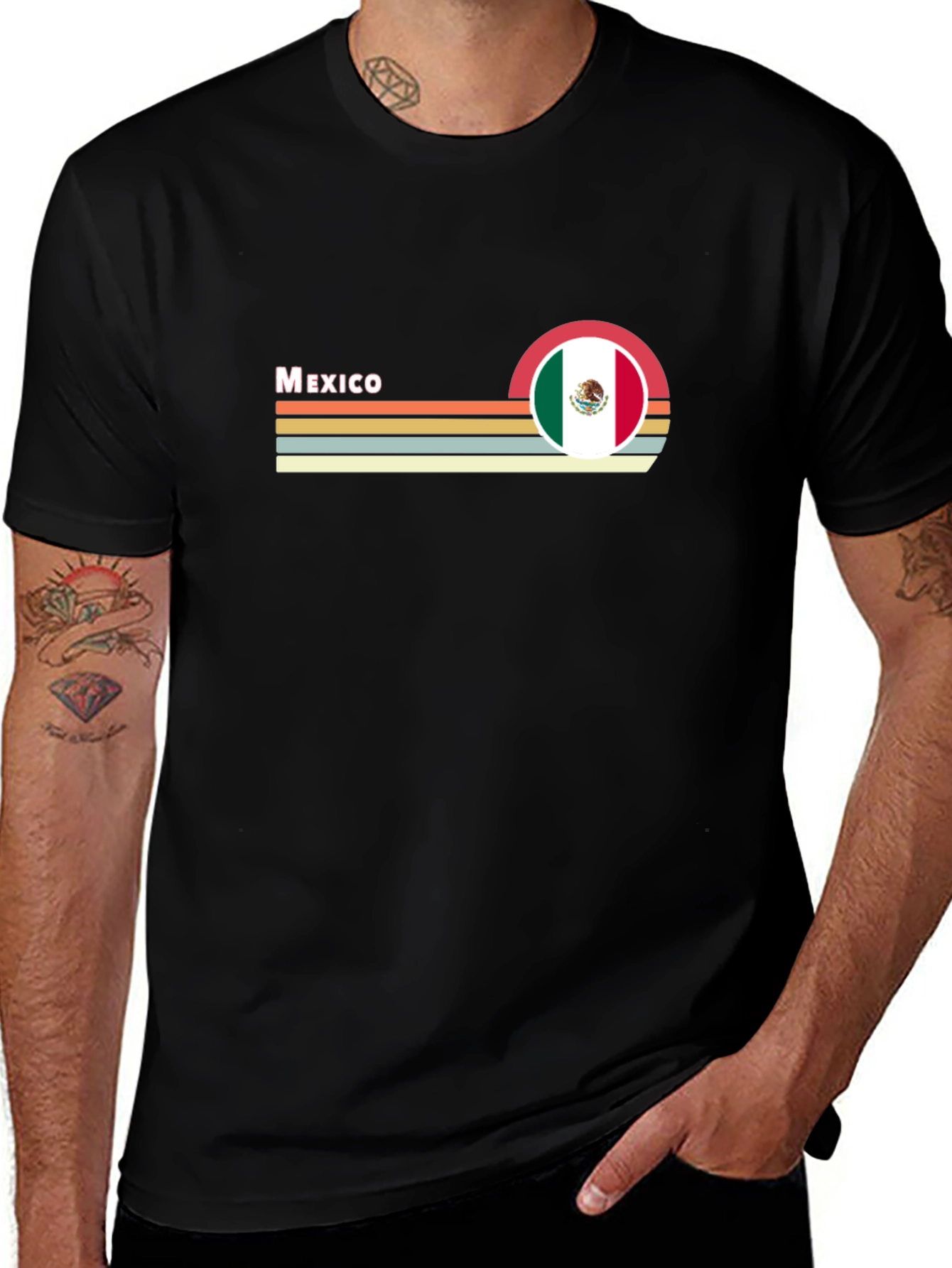 Mexico Flag Retro T-Shirt - Black Crew Neck Tee