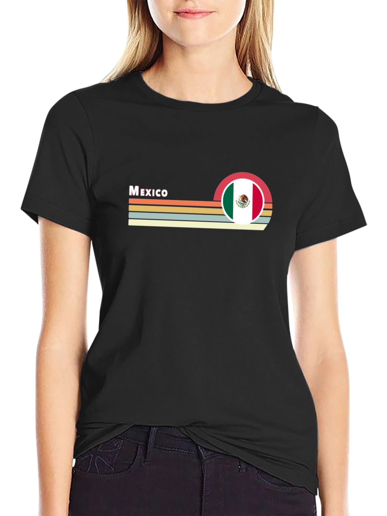 Mexico Flag Retro T-Shirt - Black Crew Neck Tee