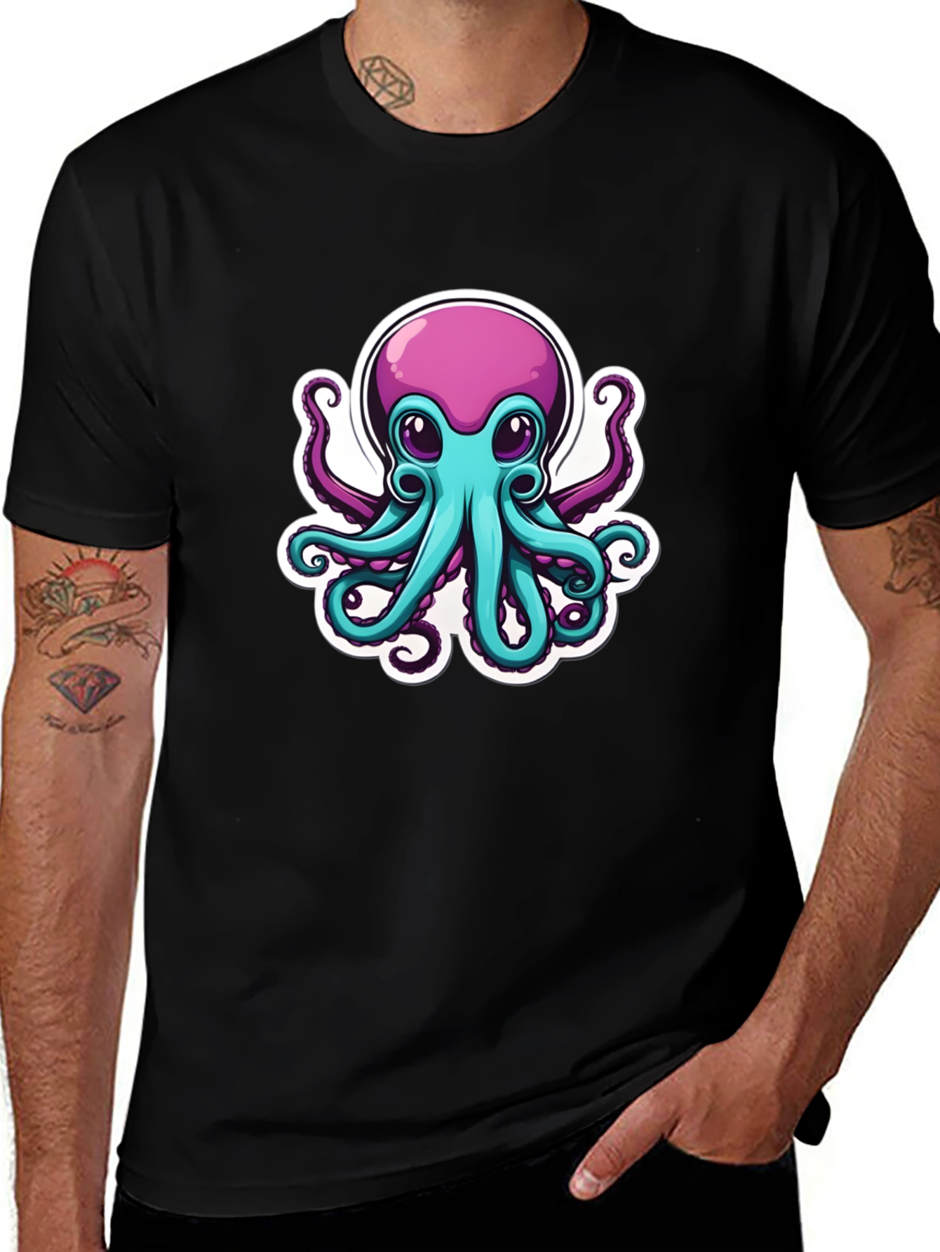 Cartoon Octopus Graphic Tee - Mens Black T-Shirt