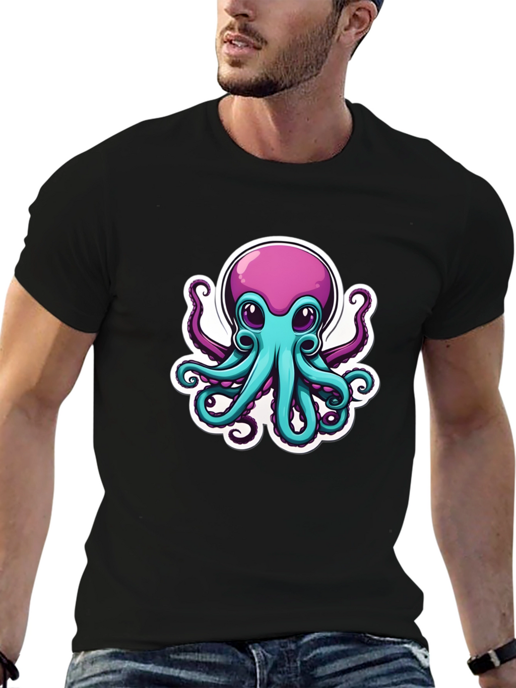 Cartoon Octopus Graphic Tee - Mens Black T-Shirt