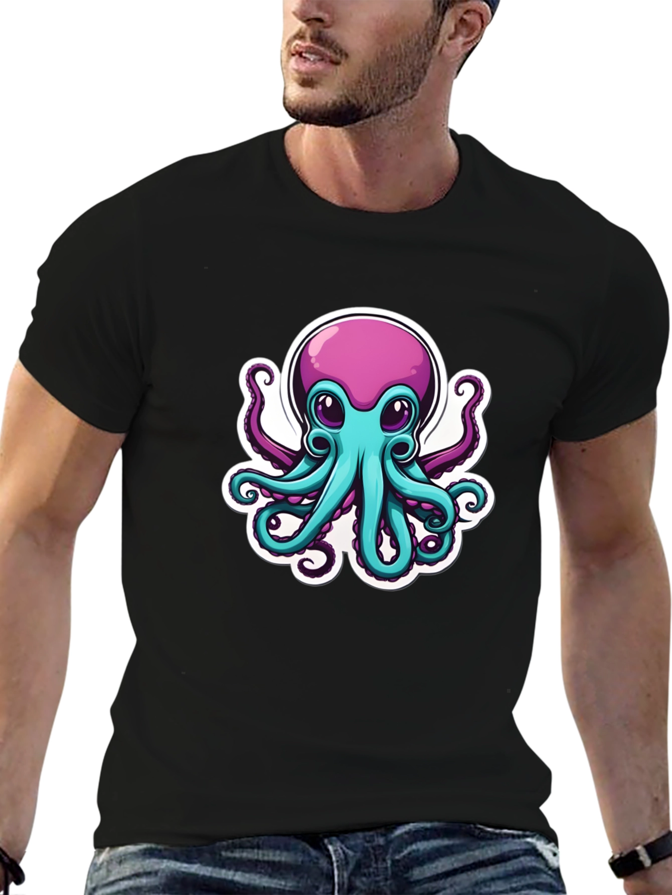 Cartoon Octopus Graphic Tee - Mens Black T-Shirt