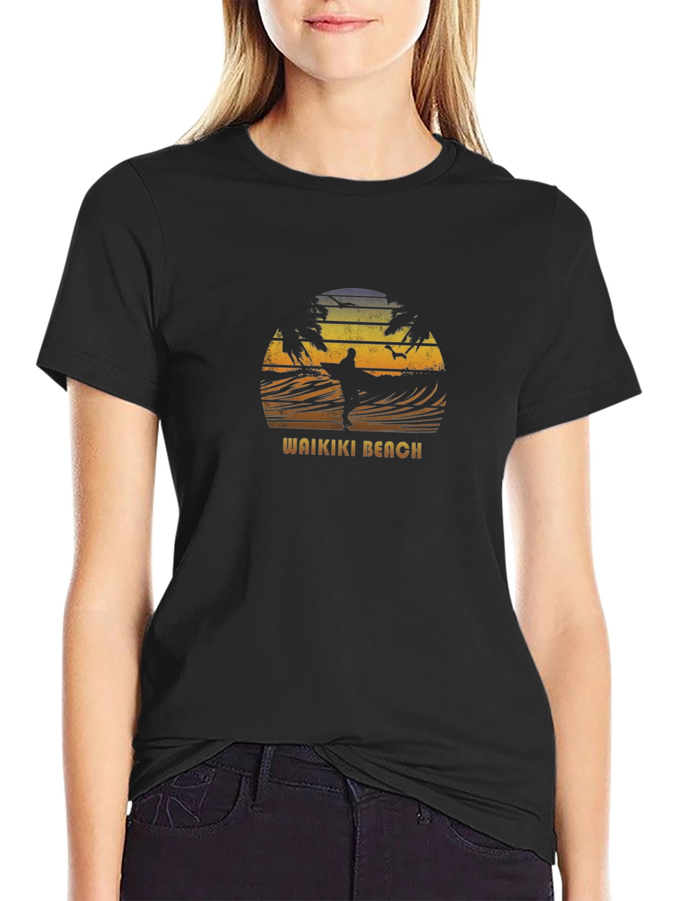 Waikiki Beach Sunset Surfer Graphic Tee