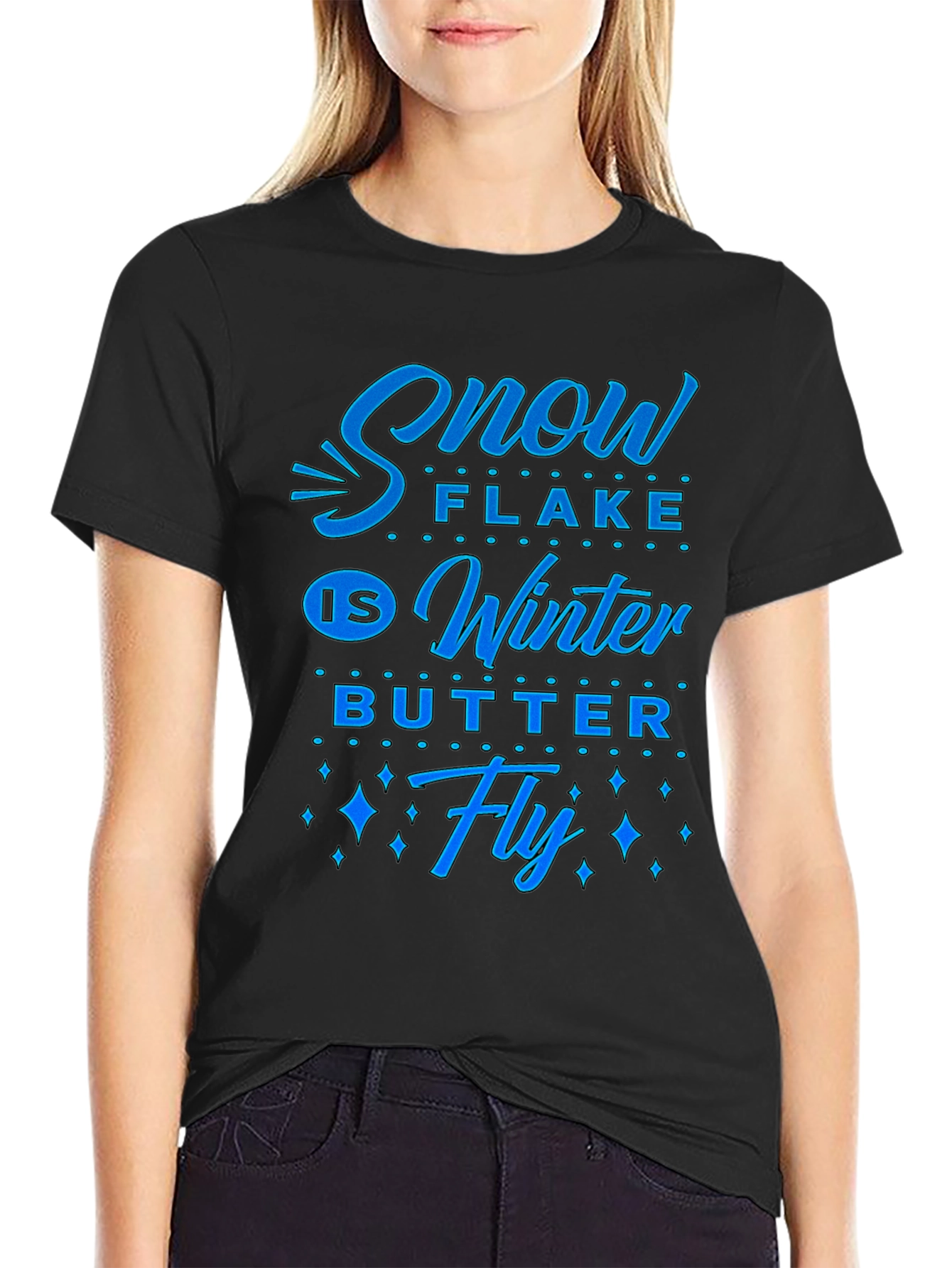 Snowflake Winter Butterfly Graphic Tee - Black