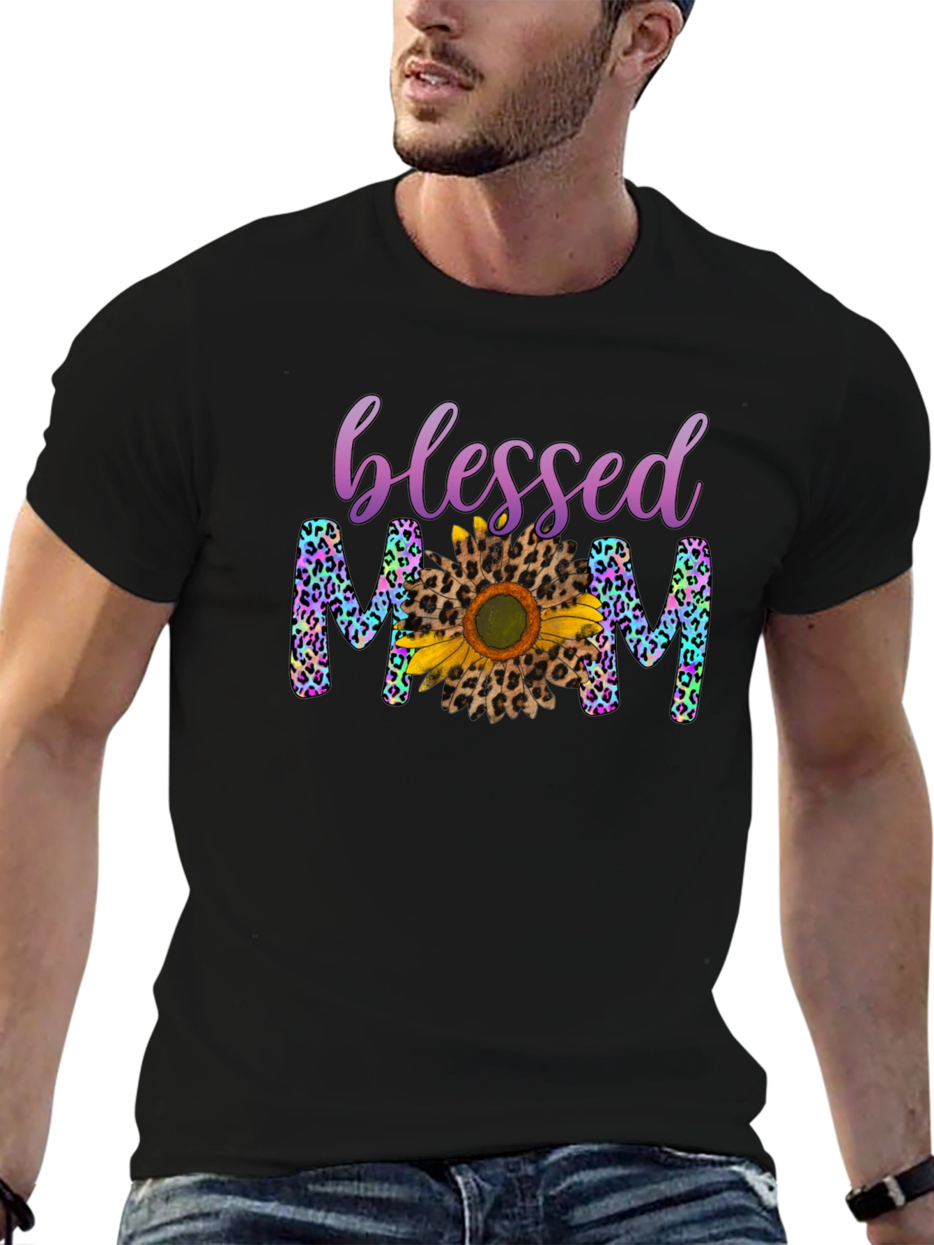 Blessed Mom Leopard Print Sunflower T-Shirt