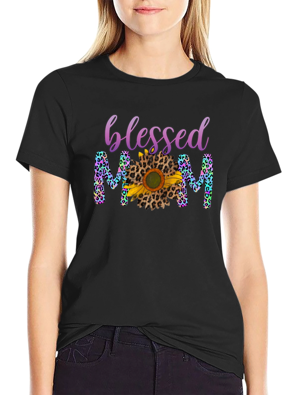 Blessed Mom Leopard Print Sunflower T-Shirt