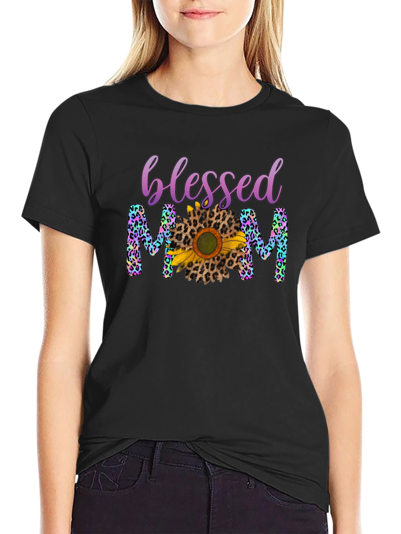 Blessed Mom Leopard Print Sunflower T-Shirt