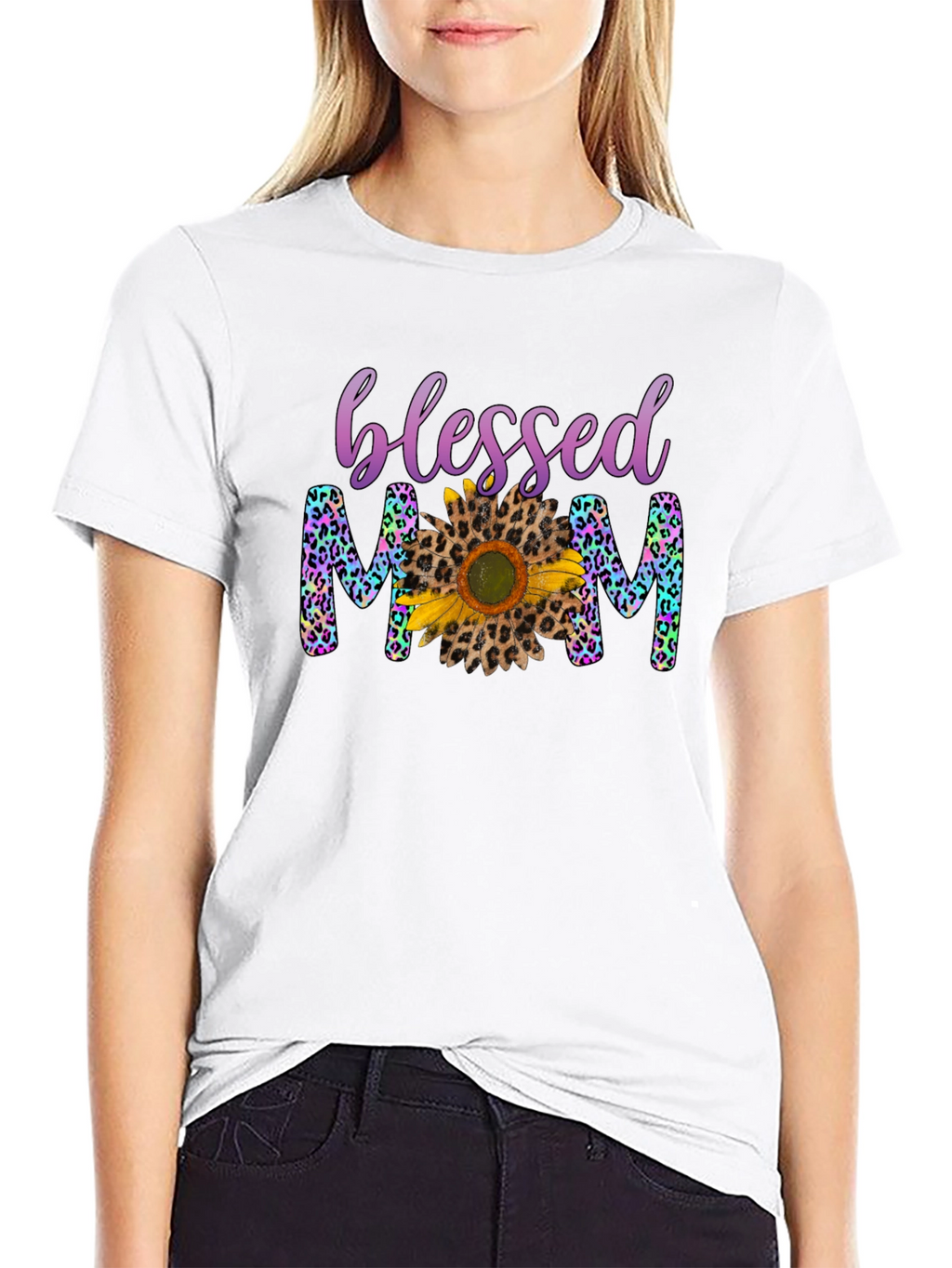 Blessed Mom Leopard Print Sunflower T-Shirt