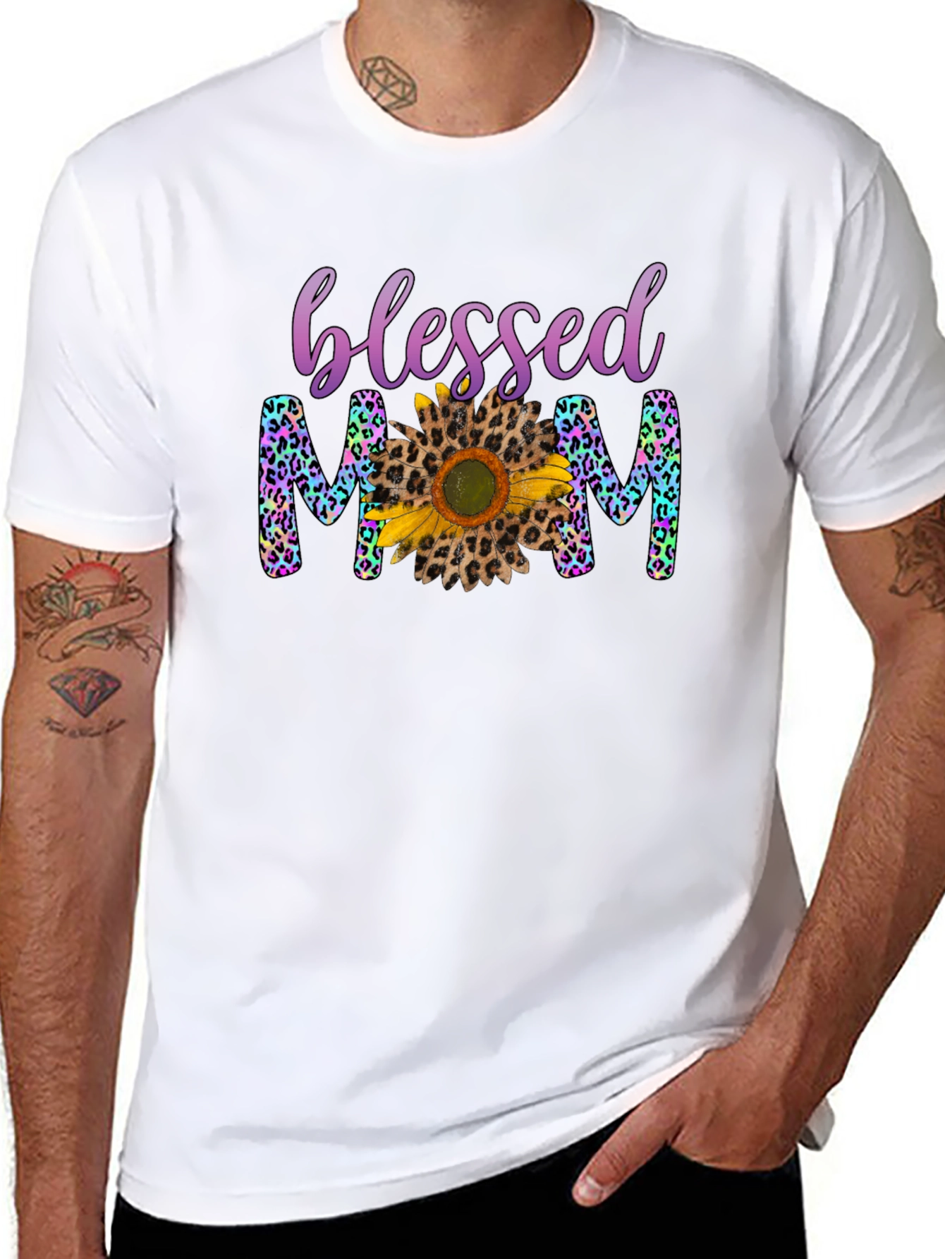 Blessed Mom Leopard Print Sunflower T-Shirt