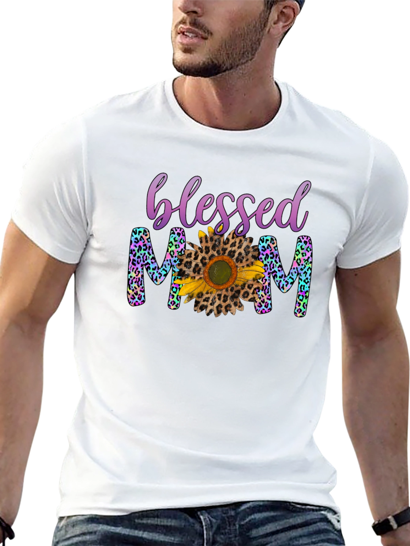 Blessed Mom Leopard Print Sunflower T-Shirt