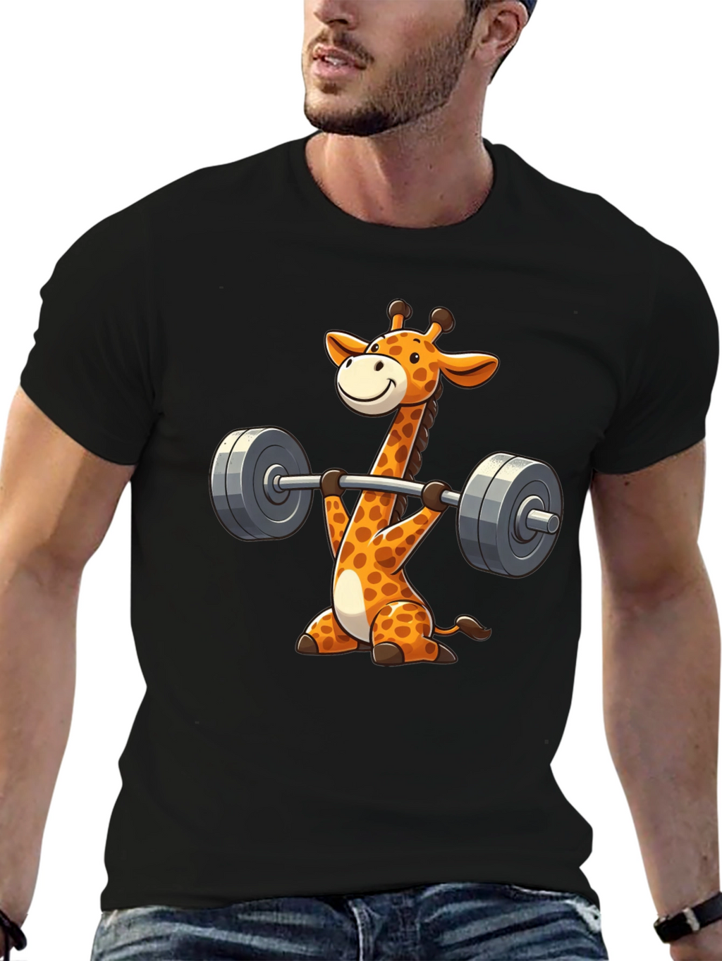 Giraffe Gym Black T-Shirt - Weightlifting Cartoon Animal Tee