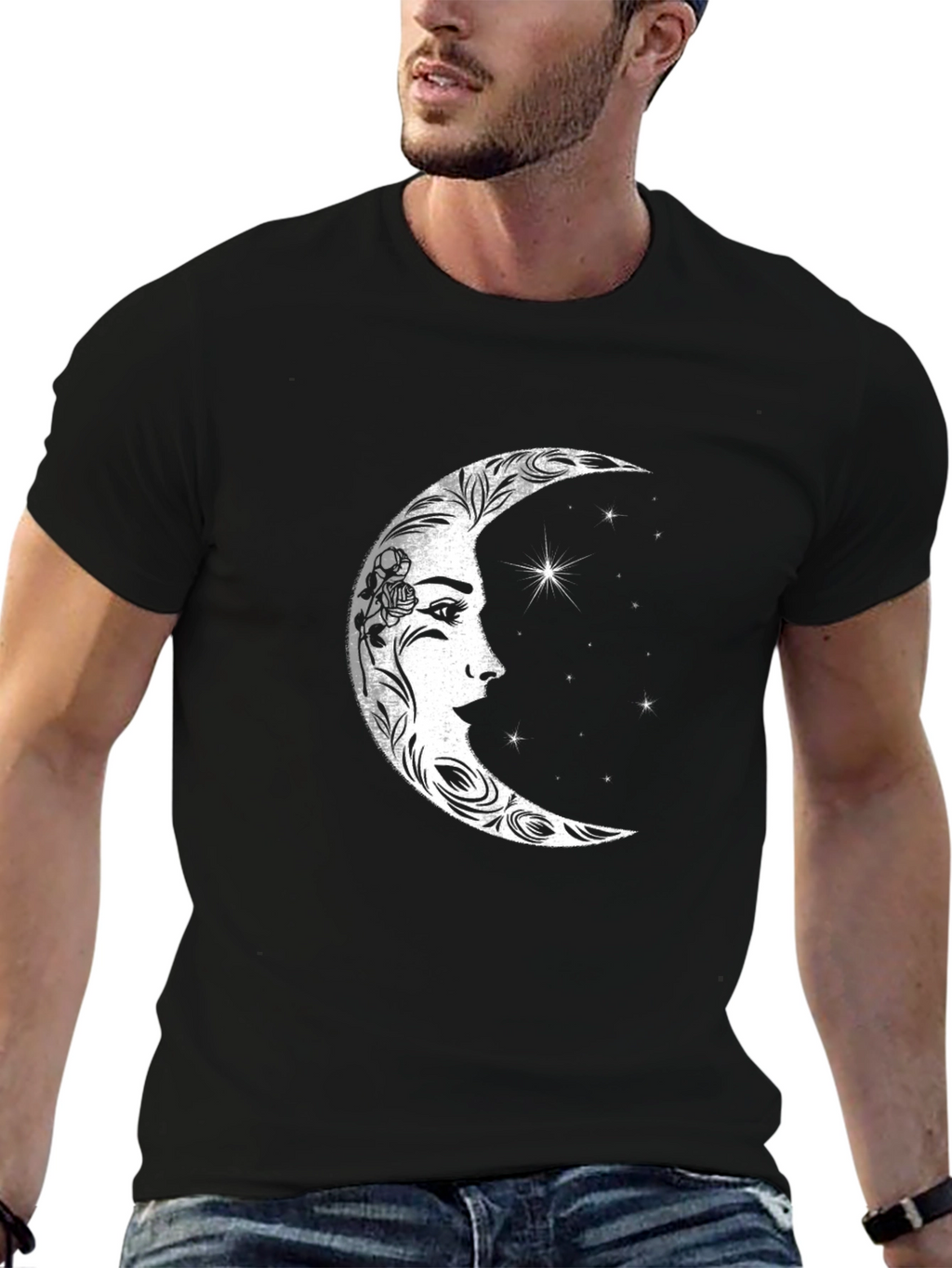 Celestial Moon Face Graphic Tee - Black