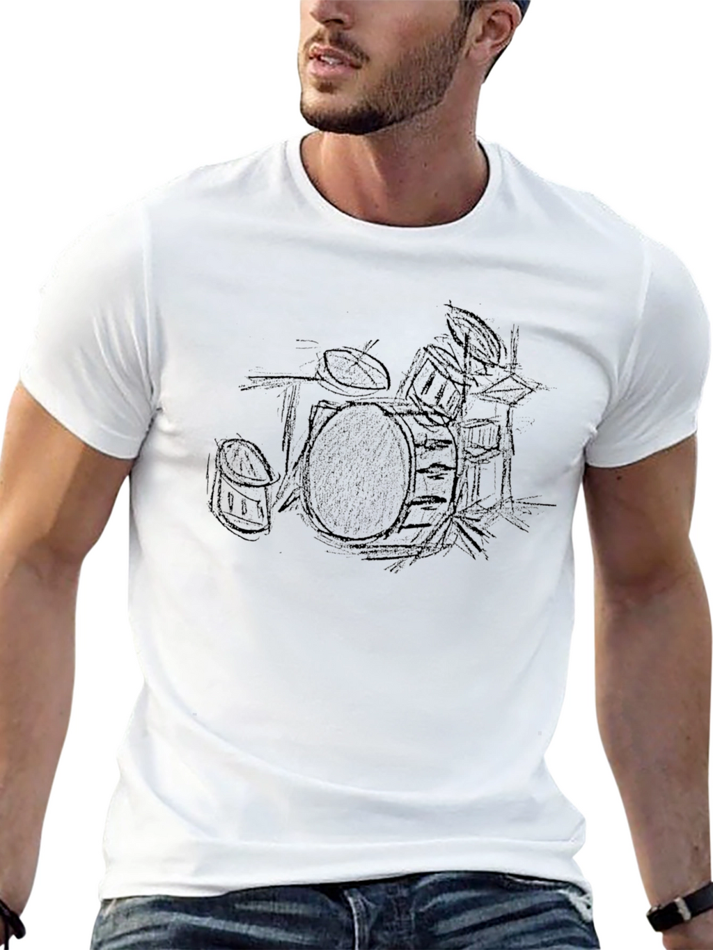 Drum Set Sketch Tee - Classic Black Cotton T-Shirt