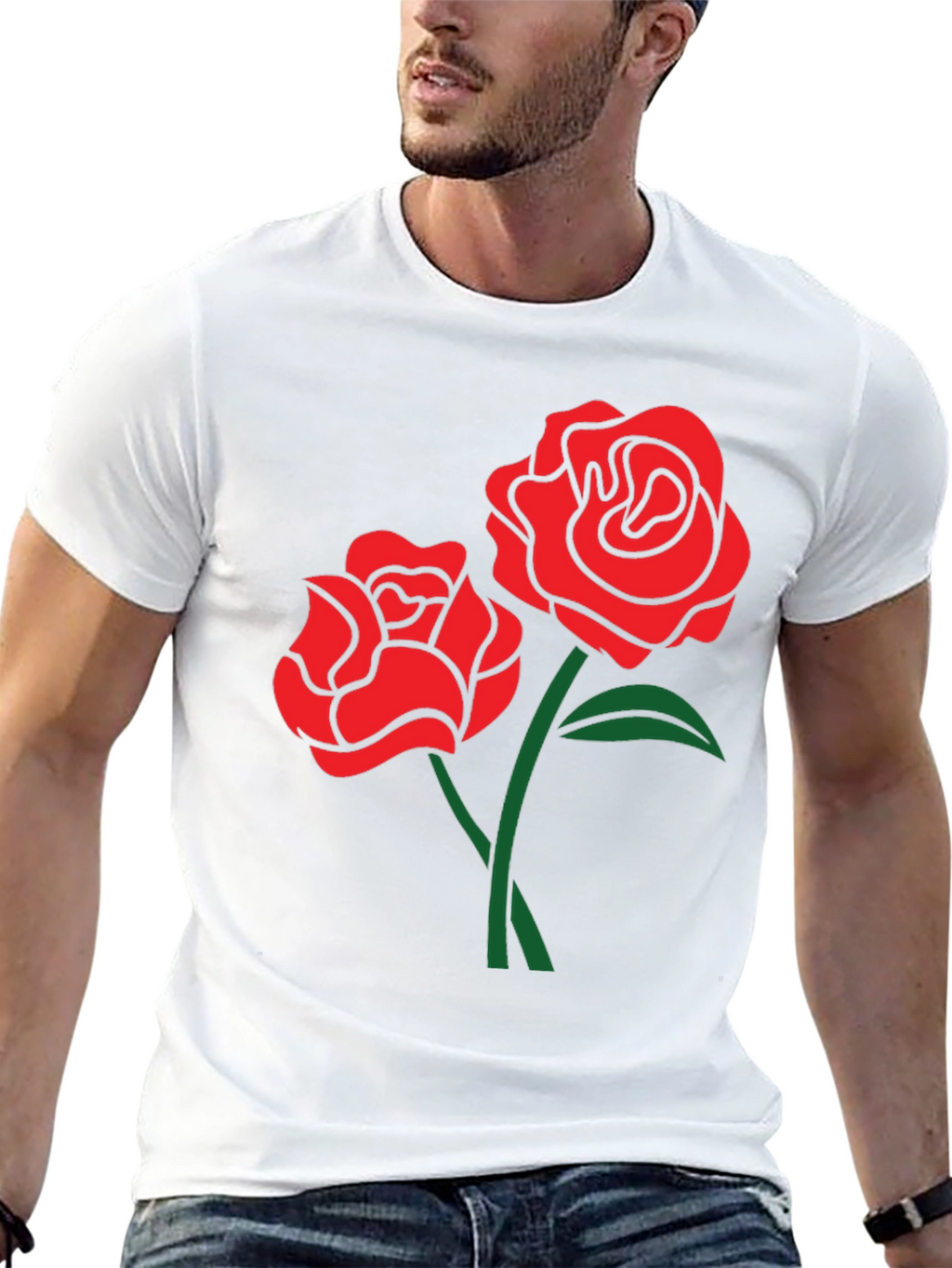 Black T-Shirt with Red Rose Design