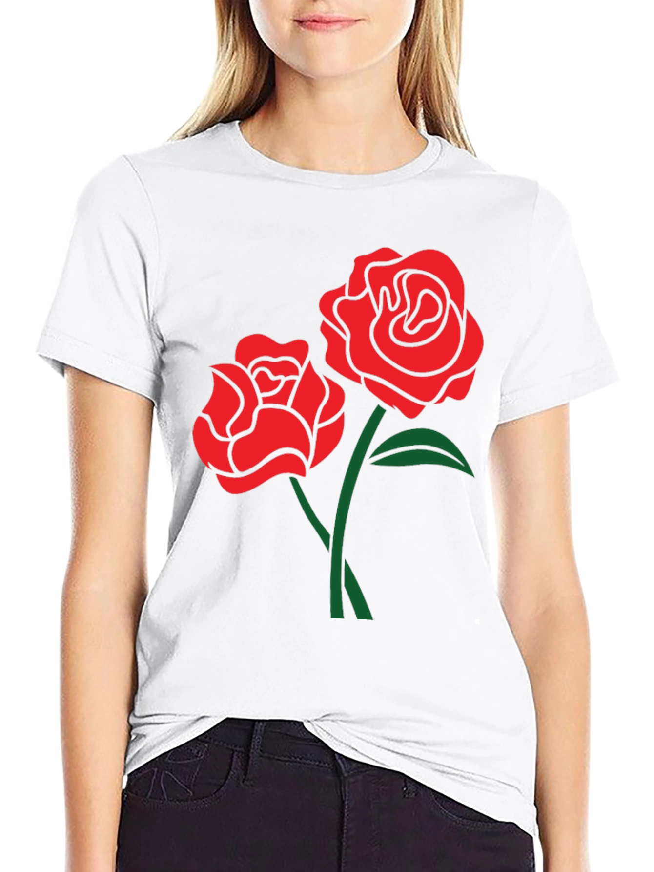 Black T-Shirt with Red Rose Design