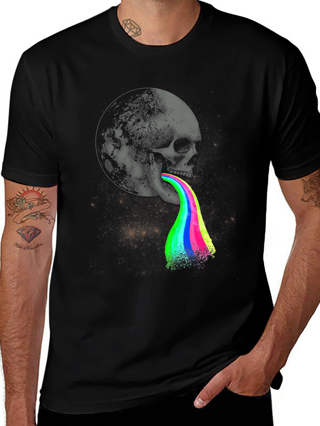 Skull Moon Rainbow Vomit Graphic Tee - Black