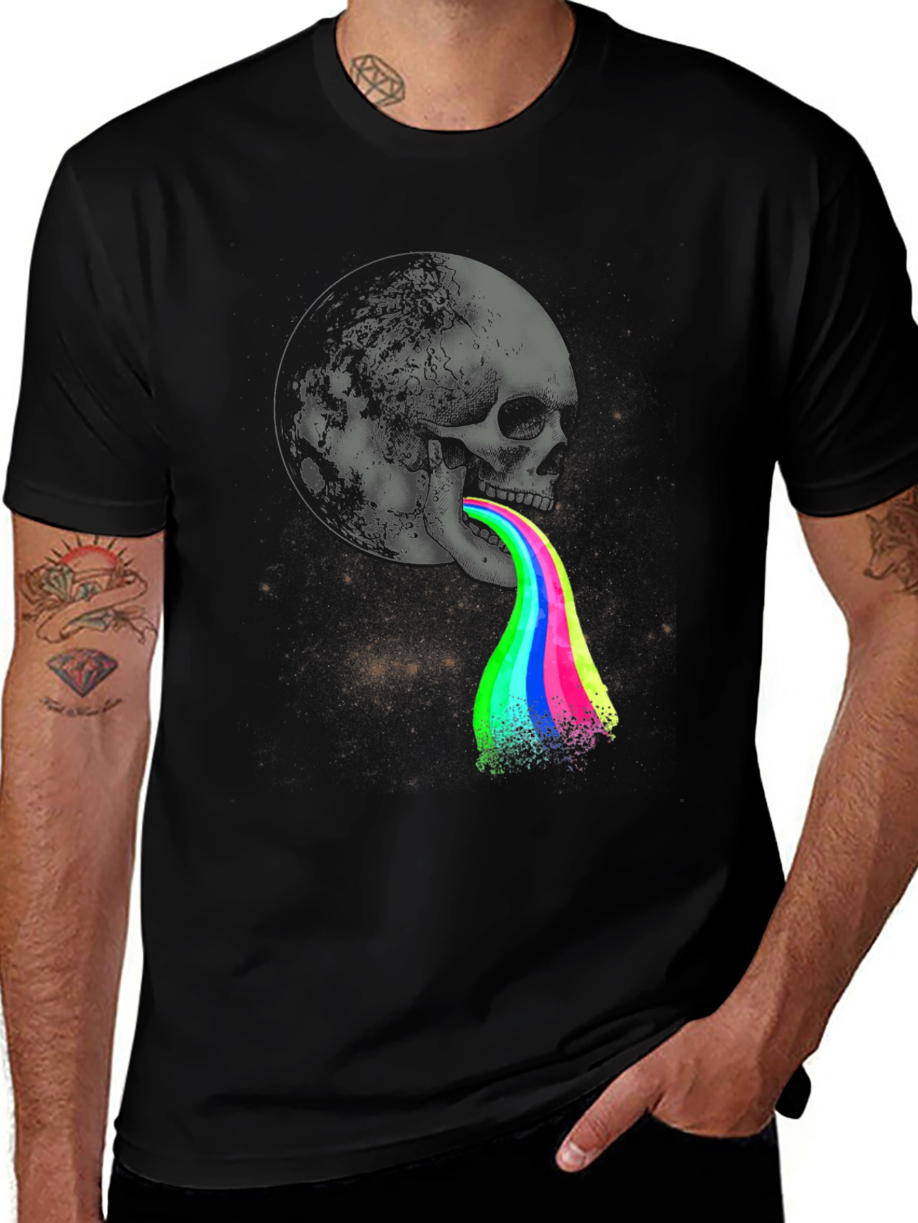 Skull Moon Rainbow Vomit Graphic Tee - Black