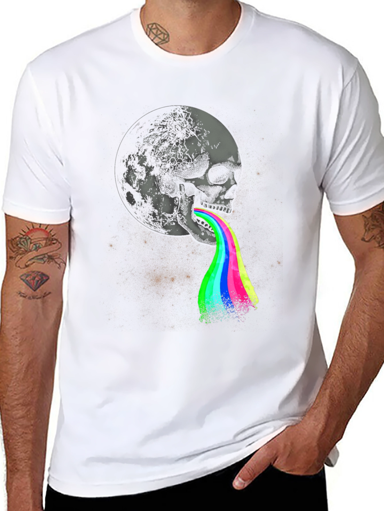 Skull Moon Rainbow Vomit Graphic Tee - Black