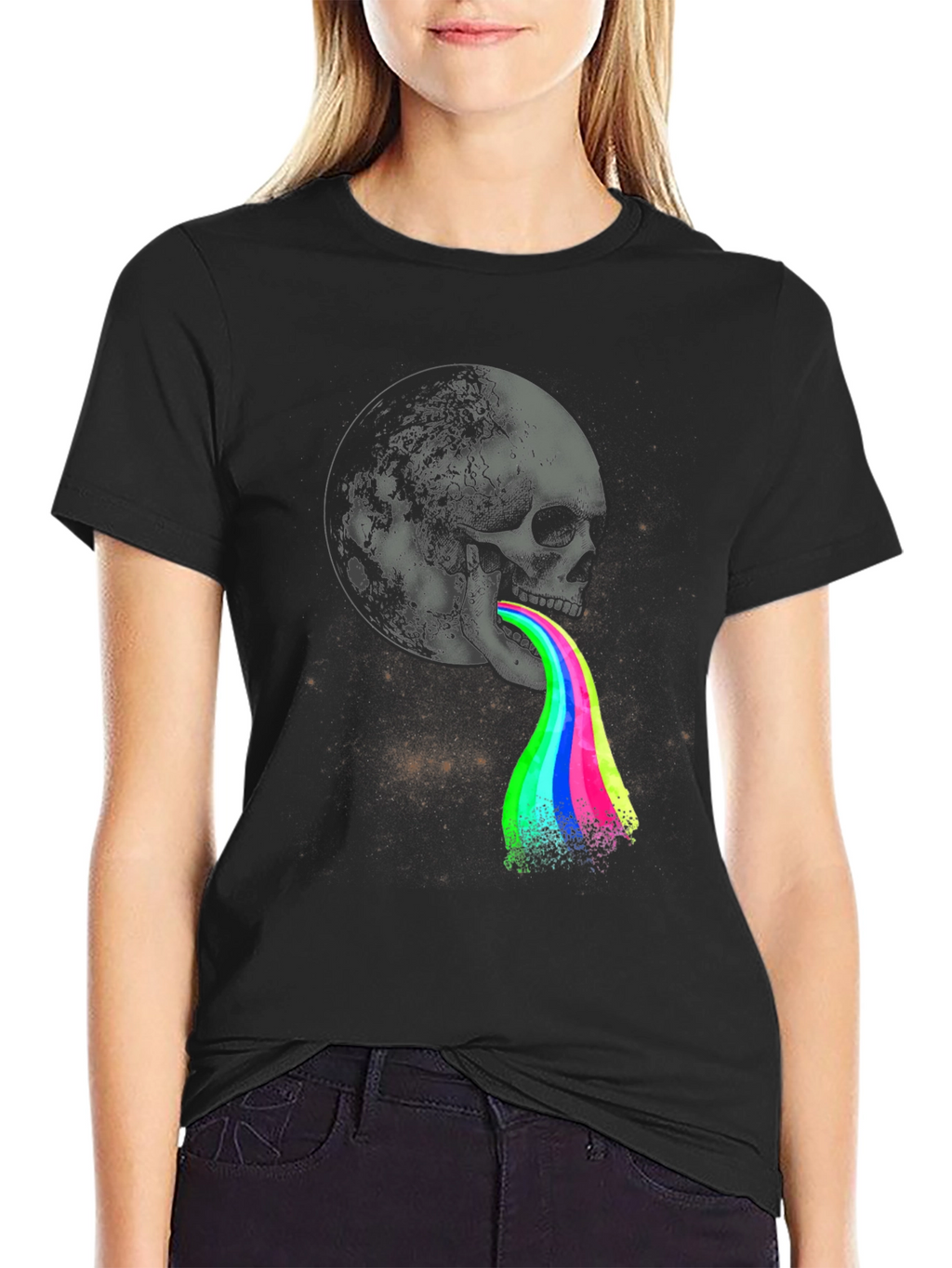 Skull Moon Rainbow Vomit Graphic Tee - Black