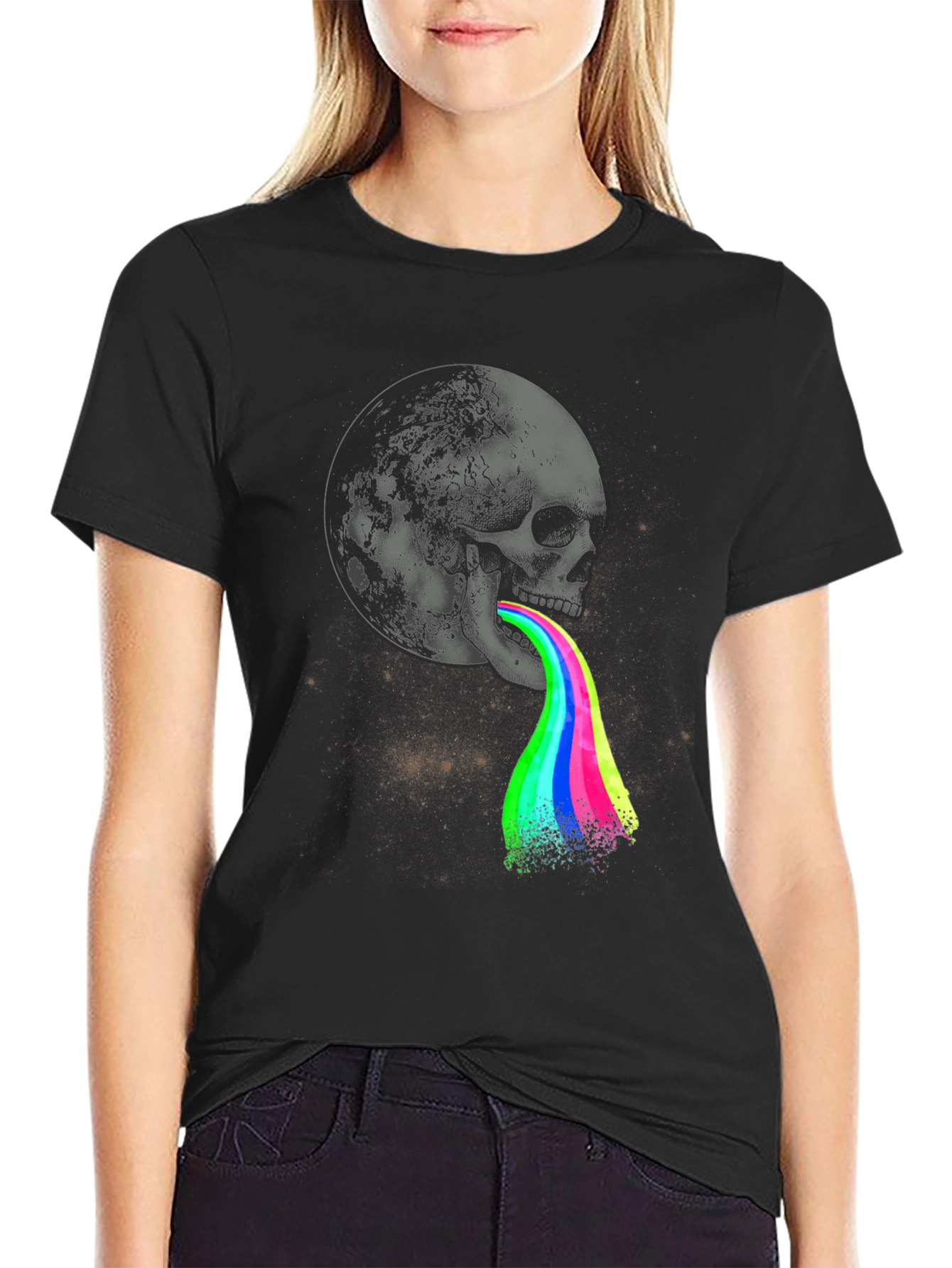 Skull Moon Rainbow Vomit Graphic Tee - Black