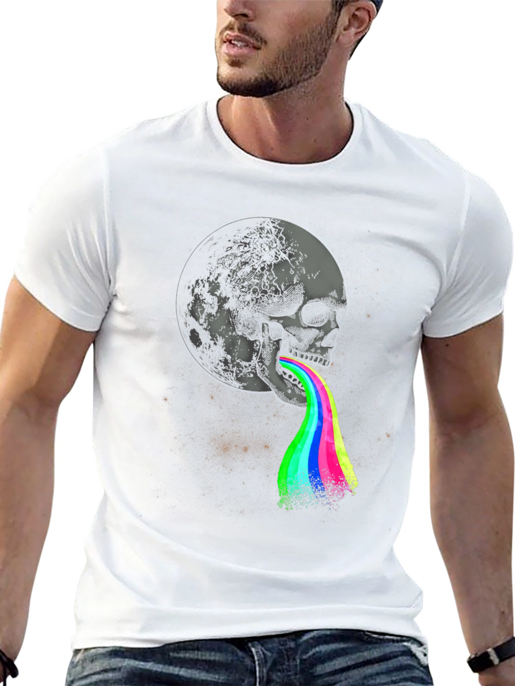 Skull Moon Rainbow Vomit Graphic Tee - Black