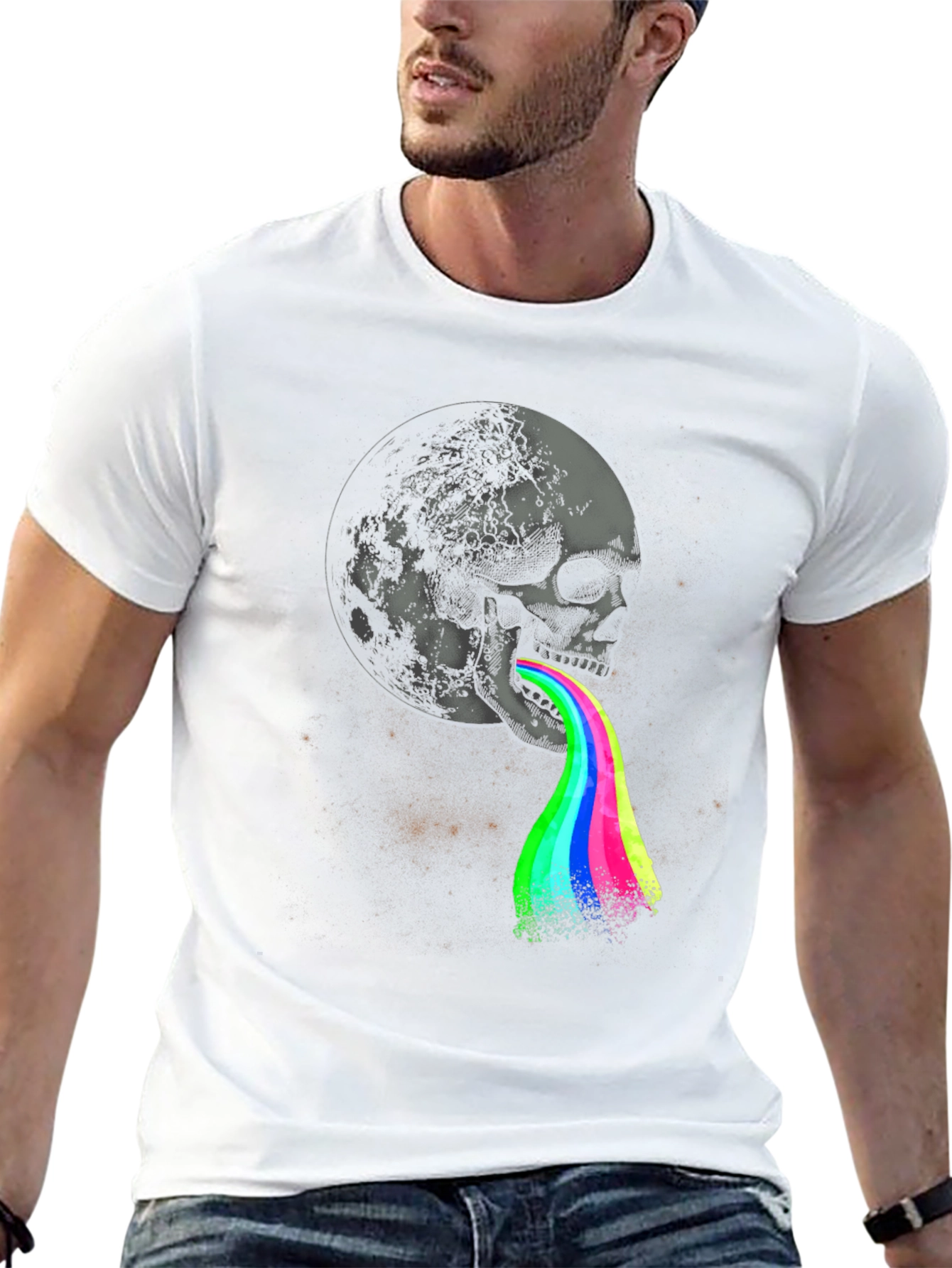 Skull Moon Rainbow Vomit Graphic Tee - Black