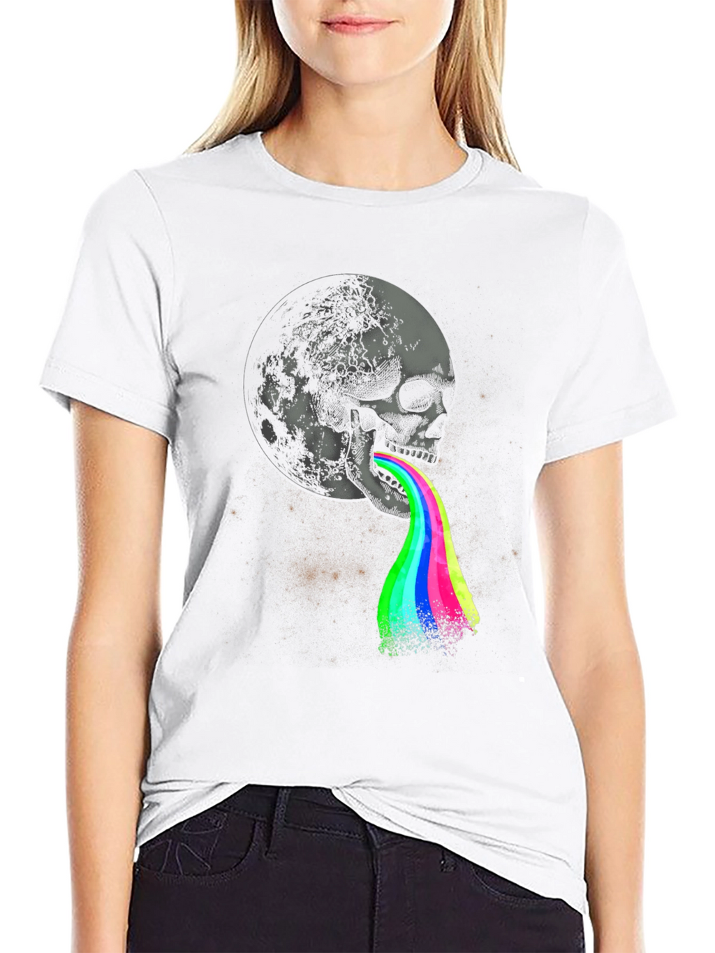 Skull Moon Rainbow Vomit Graphic Tee - Black