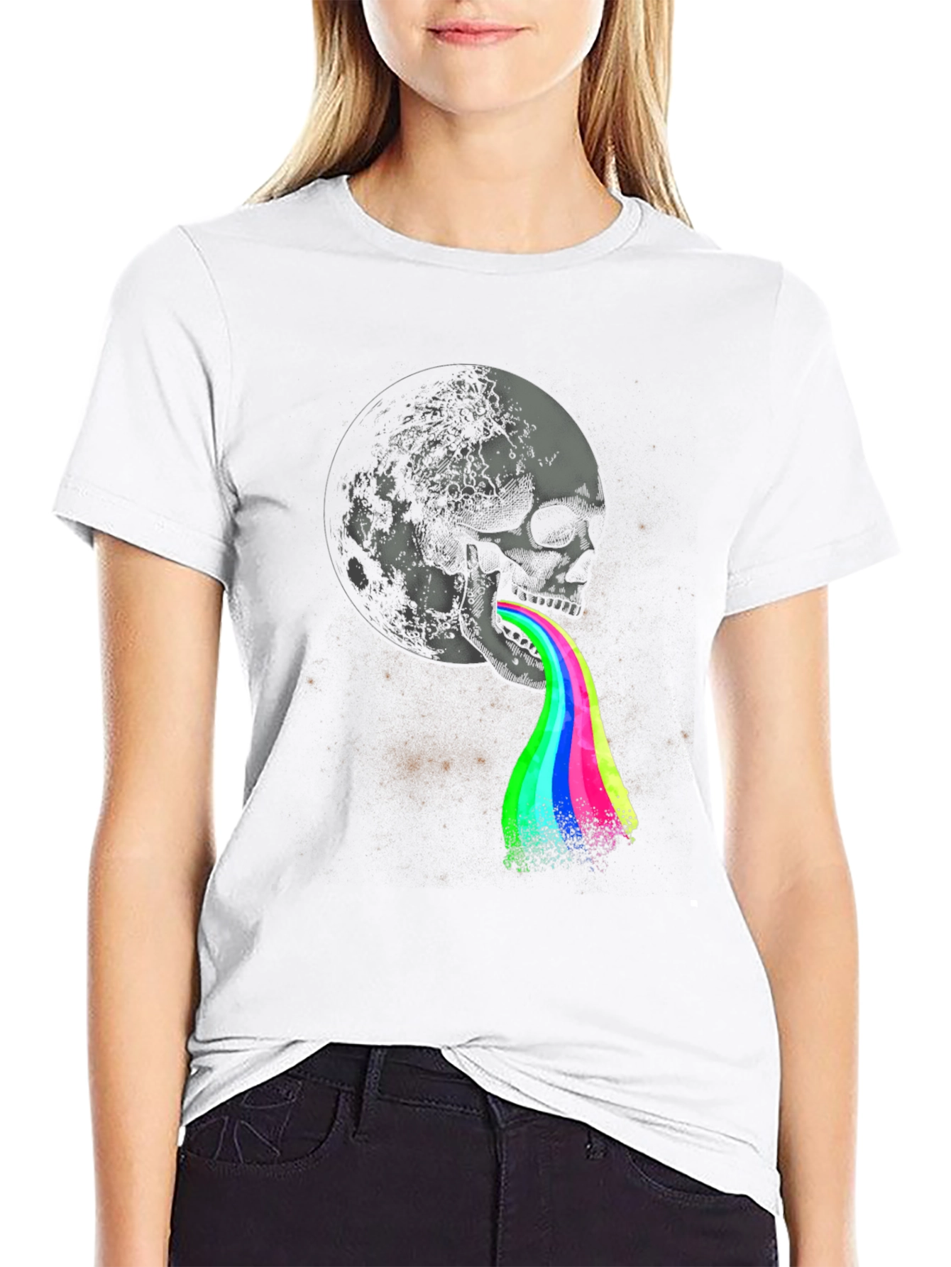 Skull Moon Rainbow Vomit Graphic Tee - Black