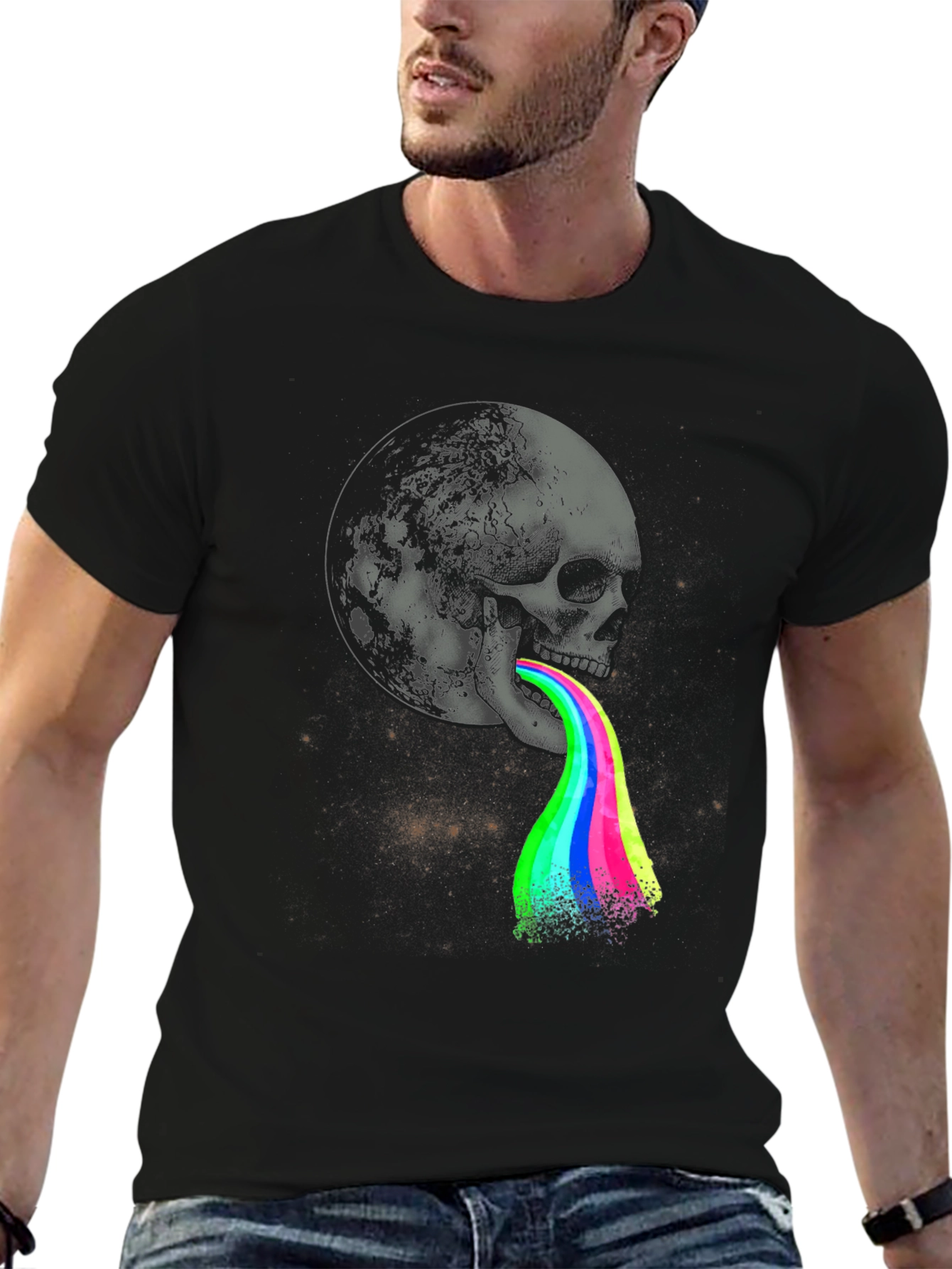 Skull Moon Rainbow Vomit Graphic Tee - Black