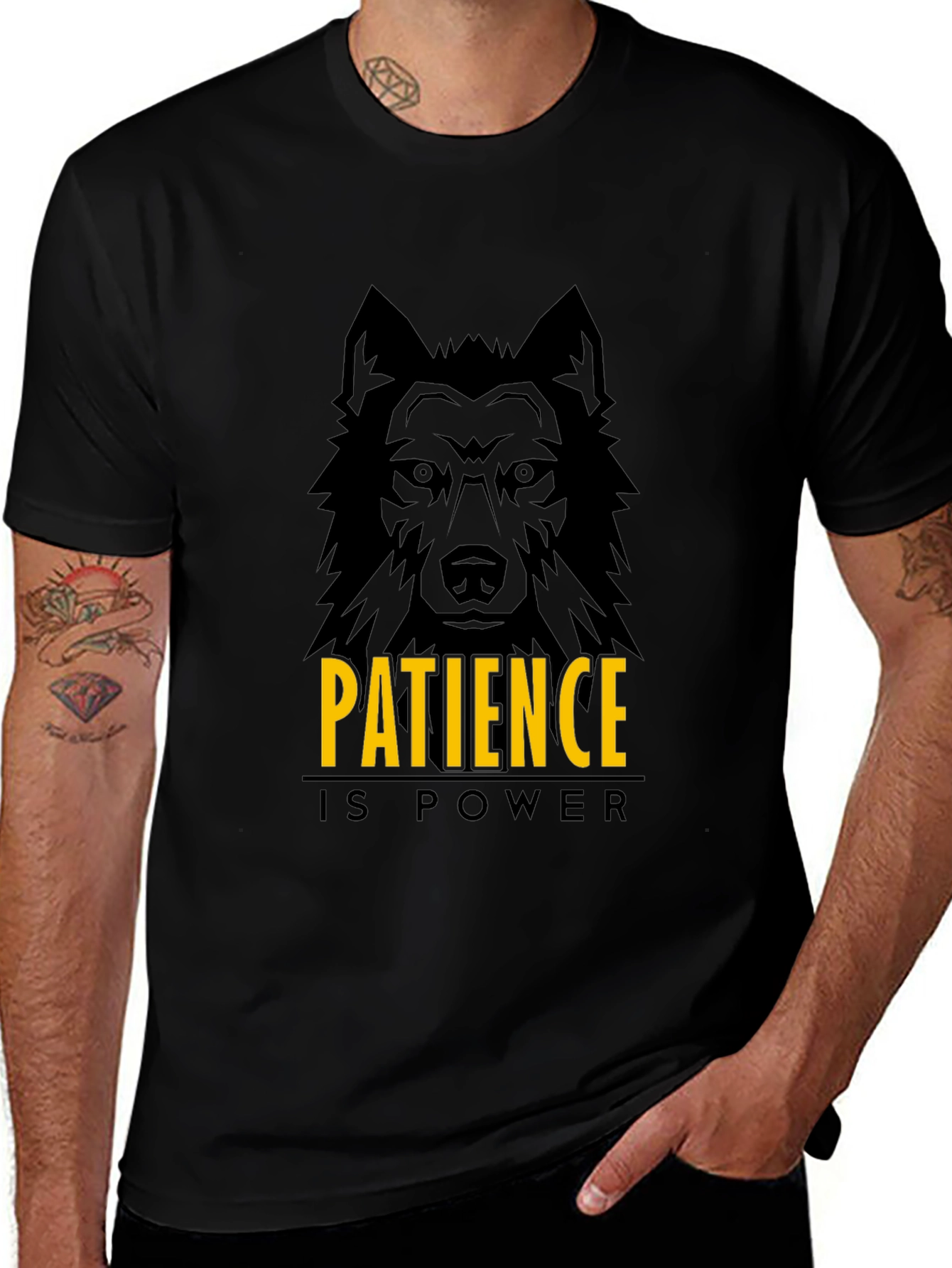 Patience is Power Wolf Graphic Black T-Shirt