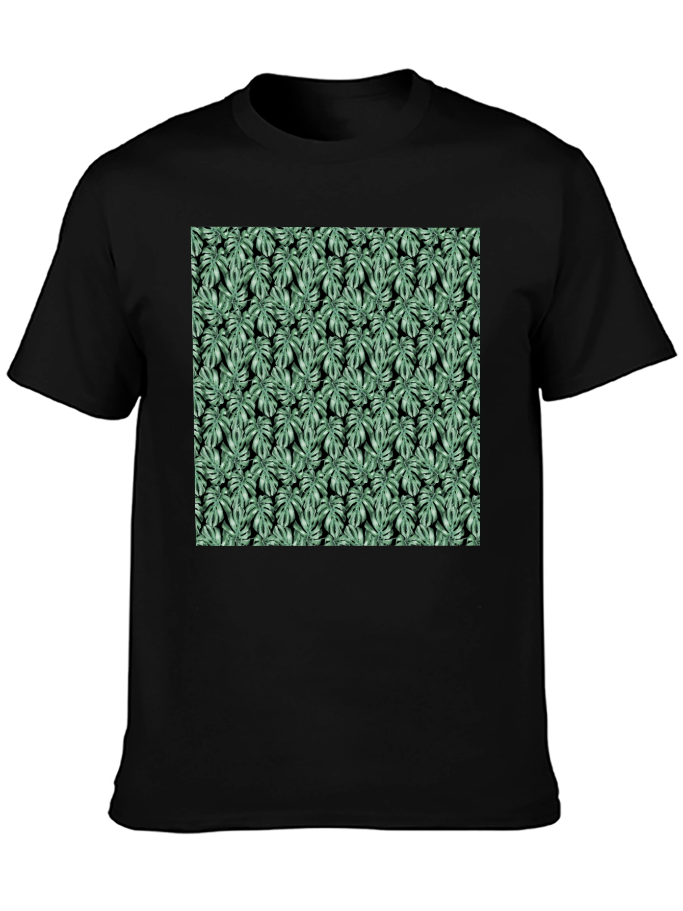 Trendy Monstera Leaf Pattern Black Tee