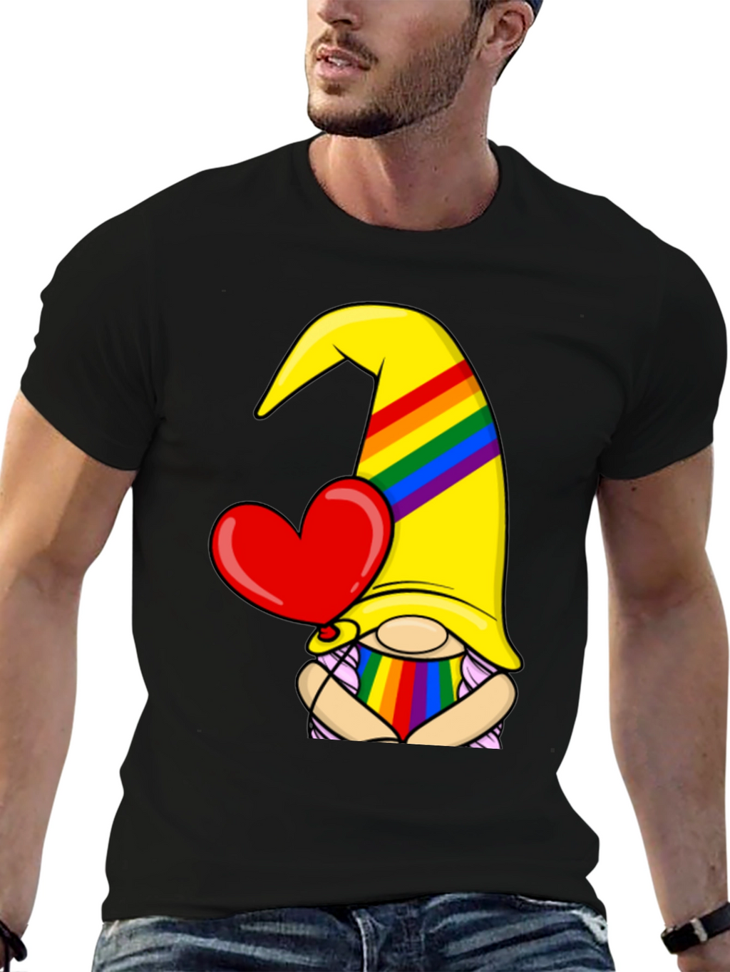 Pride Gnome Black T-Shirt with Heart