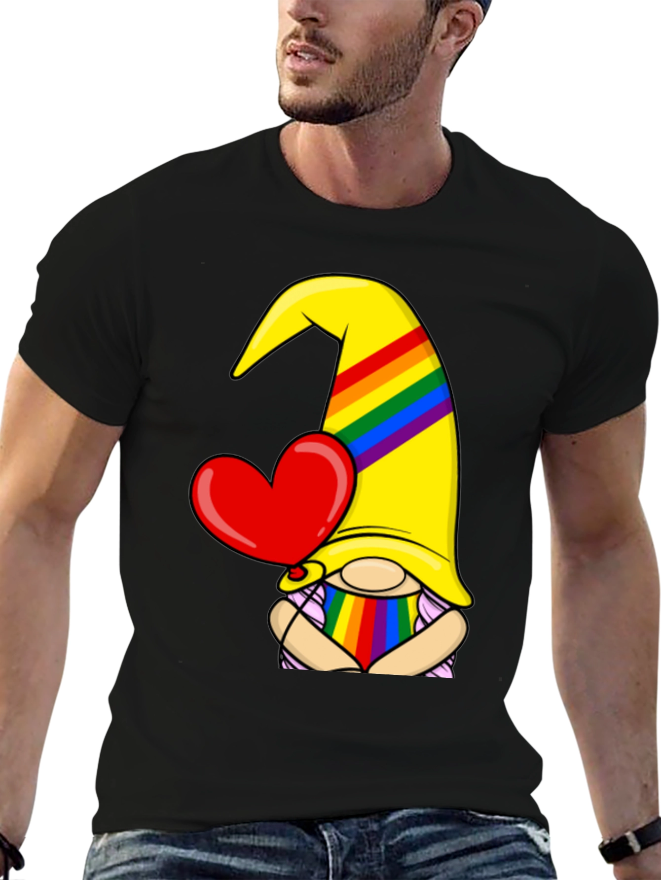Pride Gnome Black T-Shirt with Heart