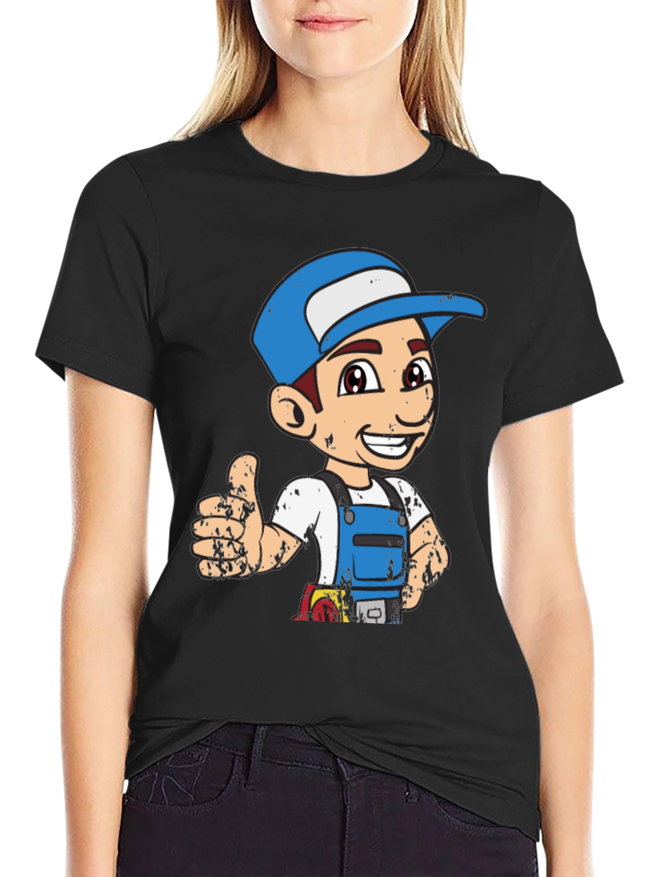 Cartoon Plumber Graphic Tee - Novelty T-Shirt