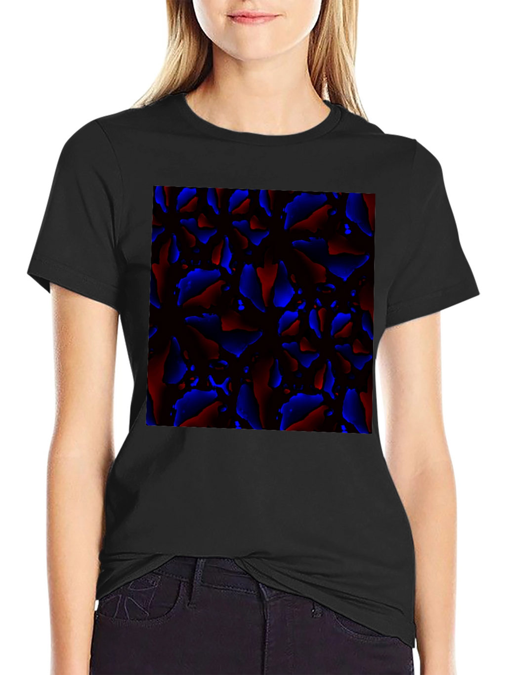 Abstract Red and Blue Patterned Black T-Shirt