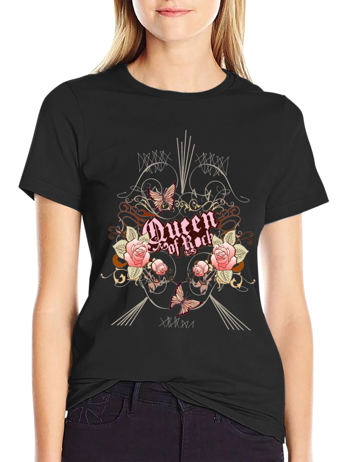Queen of Rock Graphic T-Shirt - Floral Butterfly Design